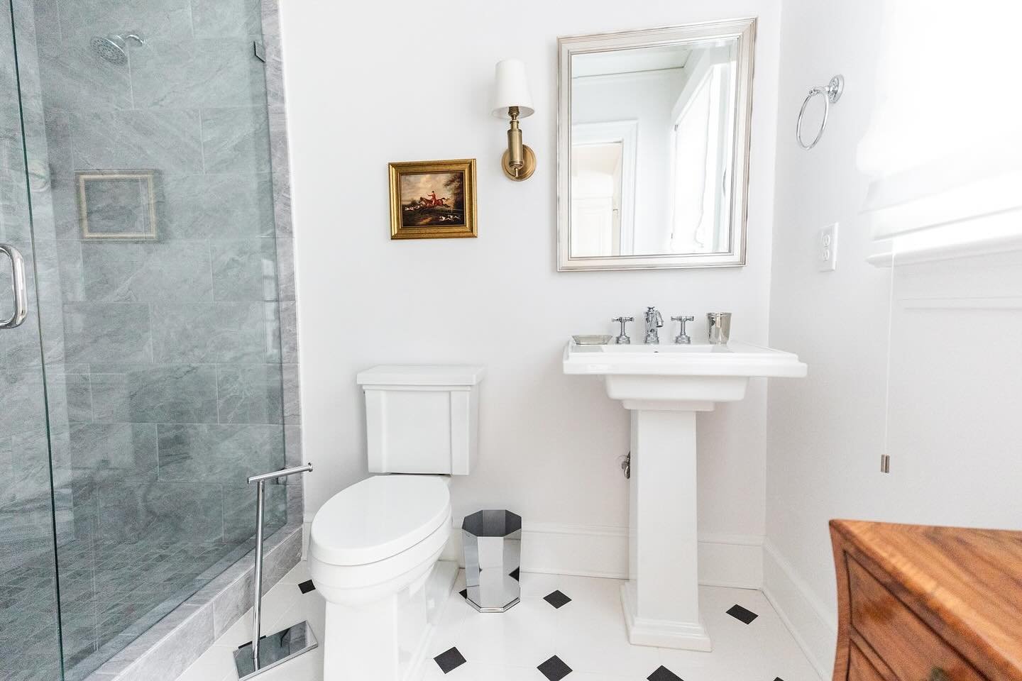 Can you tell I love designing bathrooms? This is the guest suite&rsquo;s bathroom inspired by @ralphlauren pool house bathroom 🤭