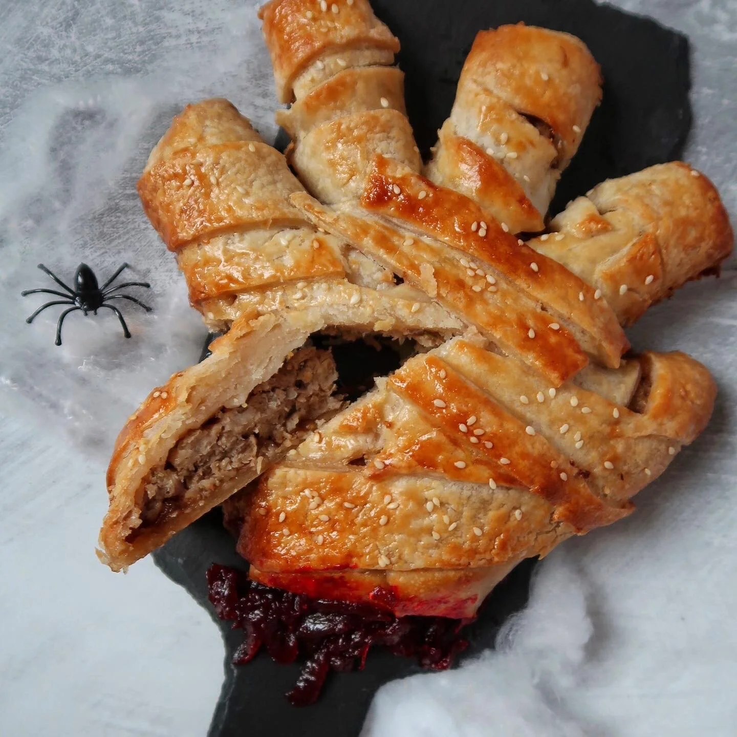 “Severed mummy hand” Halloween sausage plait (GF, V, VEO)