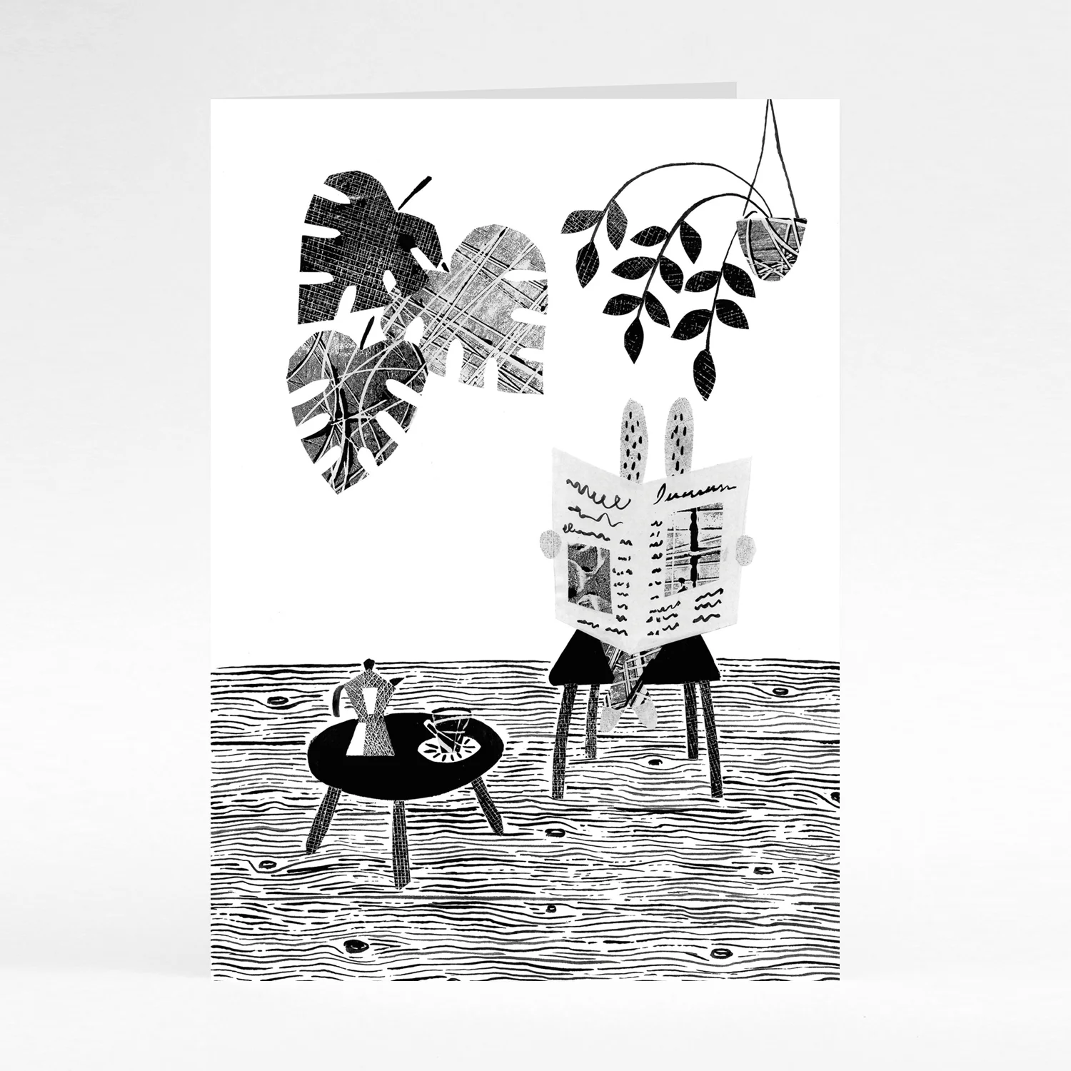 Rabbit relaxing with newspaper card