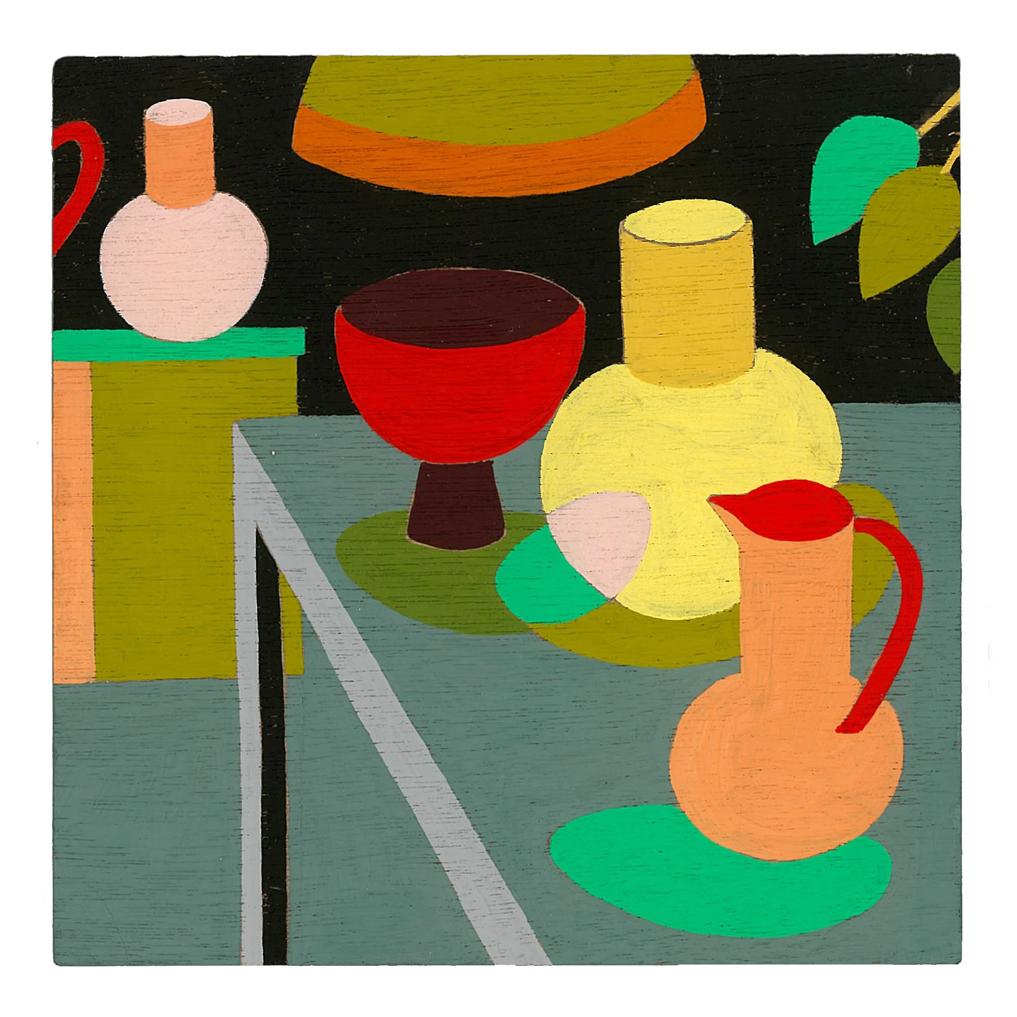 Coloured pots and jug painting on wood
