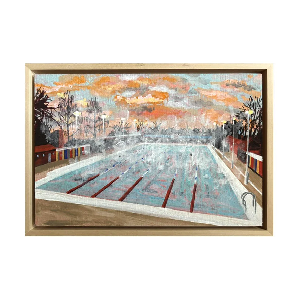 Orange sky and steam at London Fields Lido painting