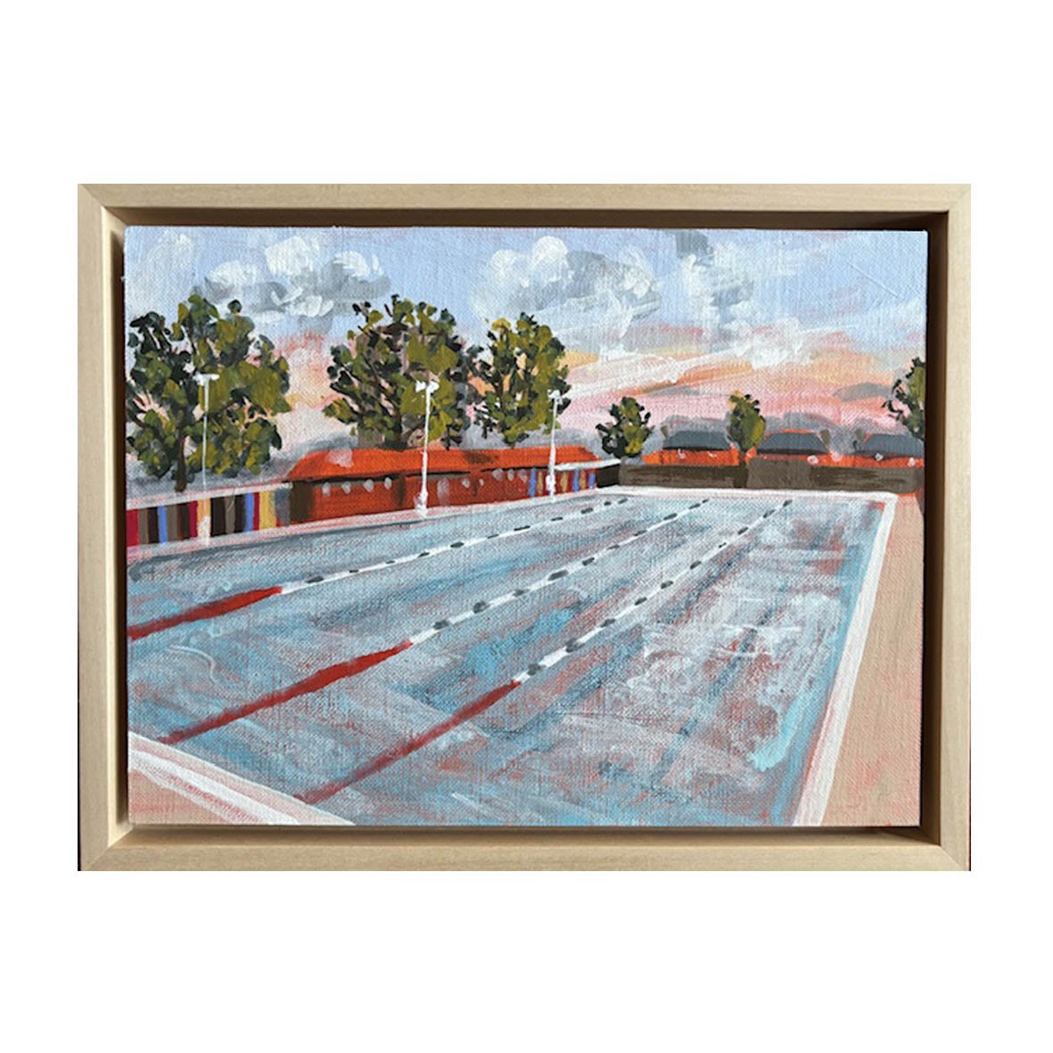 Diagonal view of London Fields Lido with lockers painting