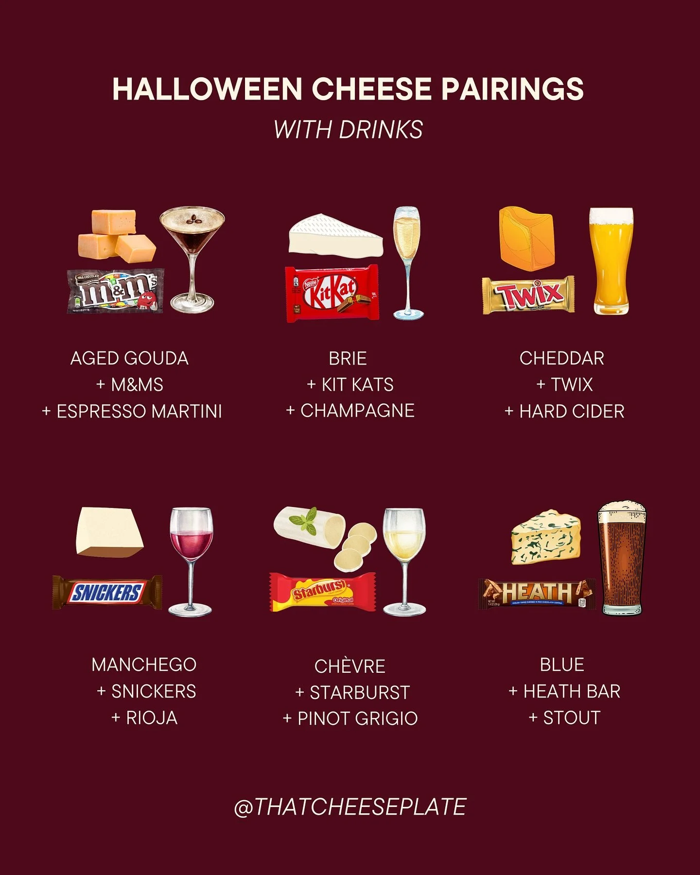 HALLOWEEN PAIRINGS 👻 with bonus beverages! Time to add in some new cheese and candy combinations for you to try this season. 

SAVE for your spooky parties and comment your favorite below 🎃

THE PAIRINGS 
Aged Gouda + M&amp;Ms + Espresso Martini: T