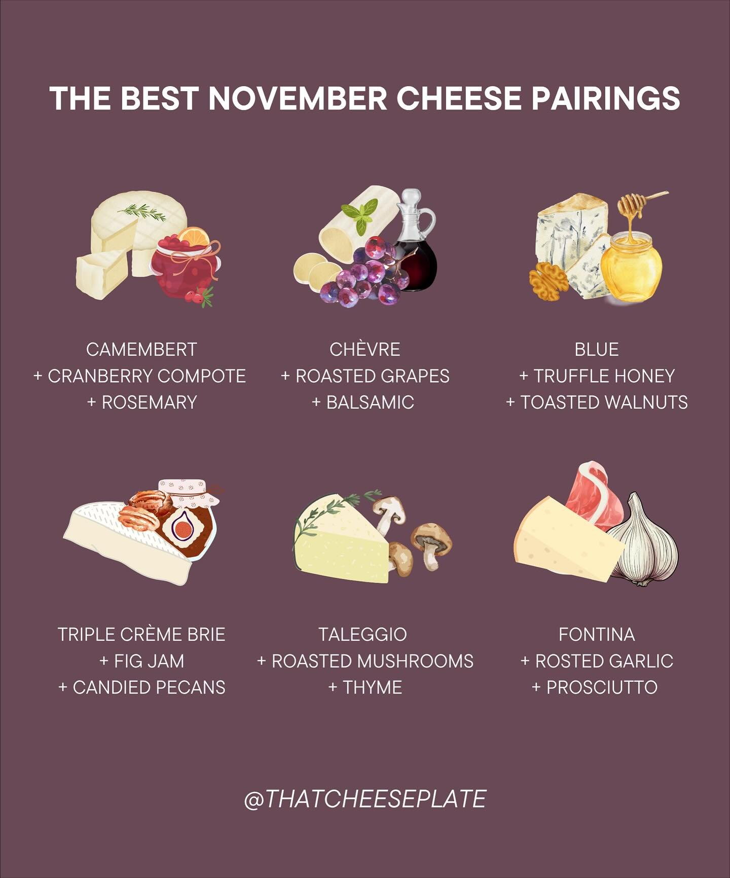 NOVEMBER CHEESE PAIRINGS for your holiday hosting needs! Over the next month I&rsquo;ll be sharing new appetizer recipes that tie in these flavors. Think warm, decadent, roasted and sweet notes. Drop your favorite in the comments 👇