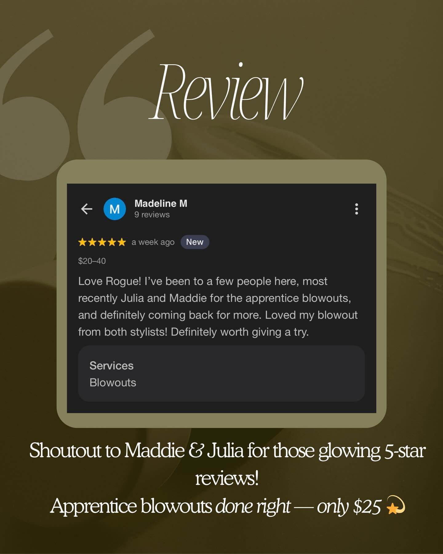 ⭐️⭐️⭐️⭐️⭐️
5-star review for Maddie &amp; Julia ✨
Apprentice blowouts &bull; $25
Clean, smooth, done right.
Book online 🤍