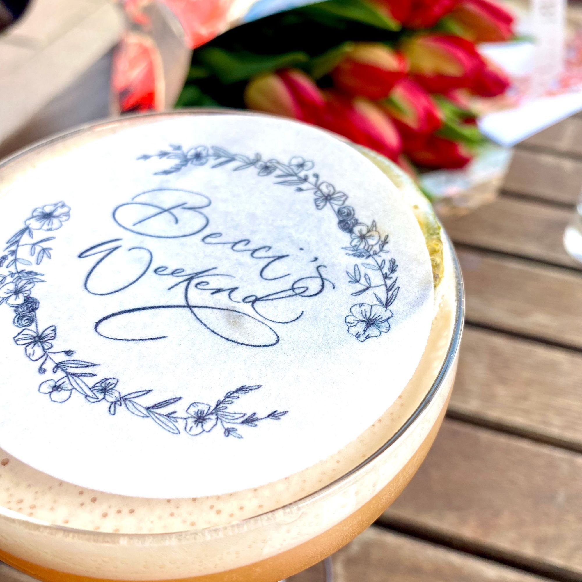 Hand written calligraphy rice paper personalised cocktail toppers hen bridal party with Mint Lettering calligraphy Buckinghamshire.jpg