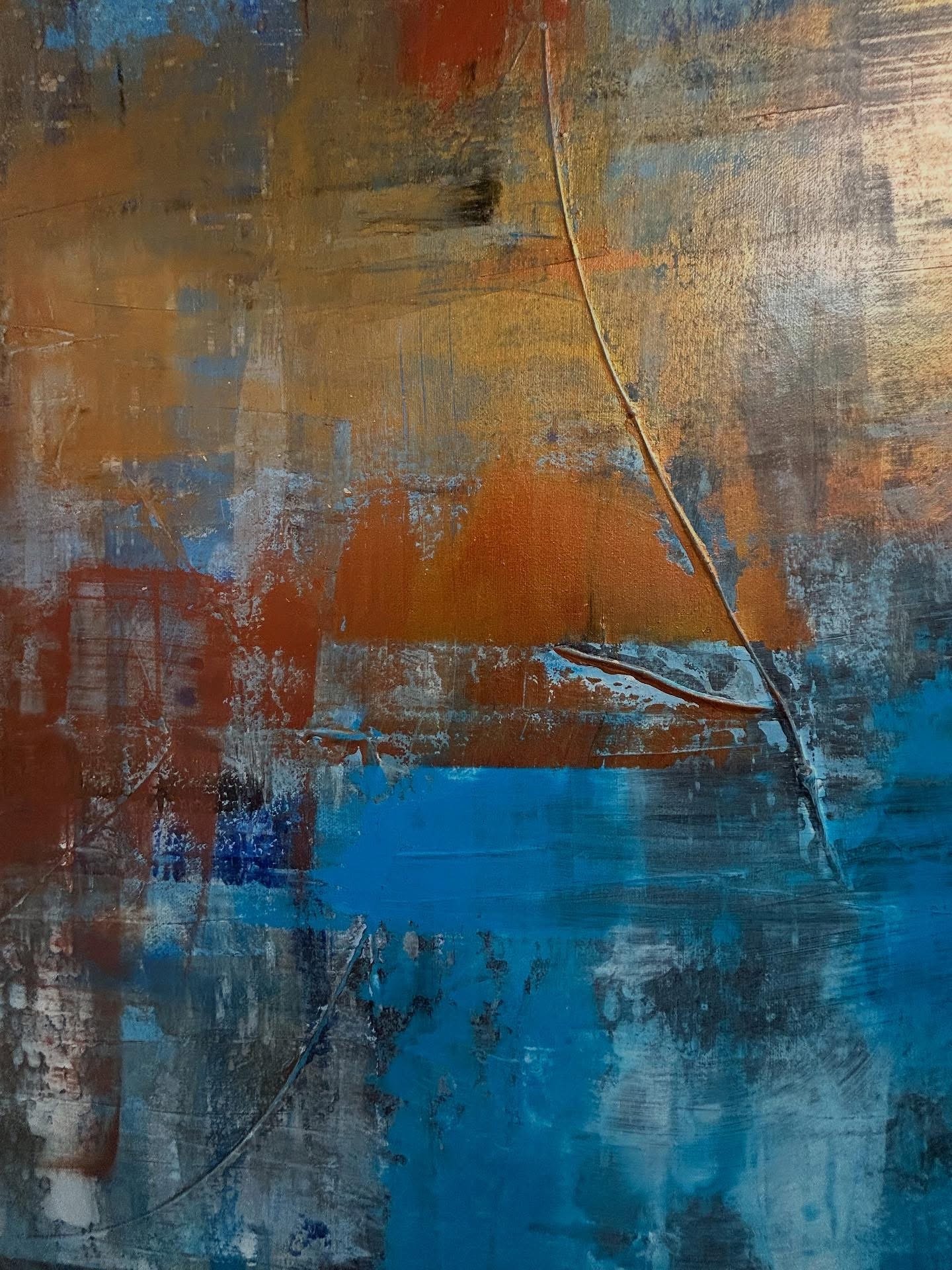 Abstract painting with dominant colors of blue, orange, brown, and gray, featuring textured brush strokes and curved lines.