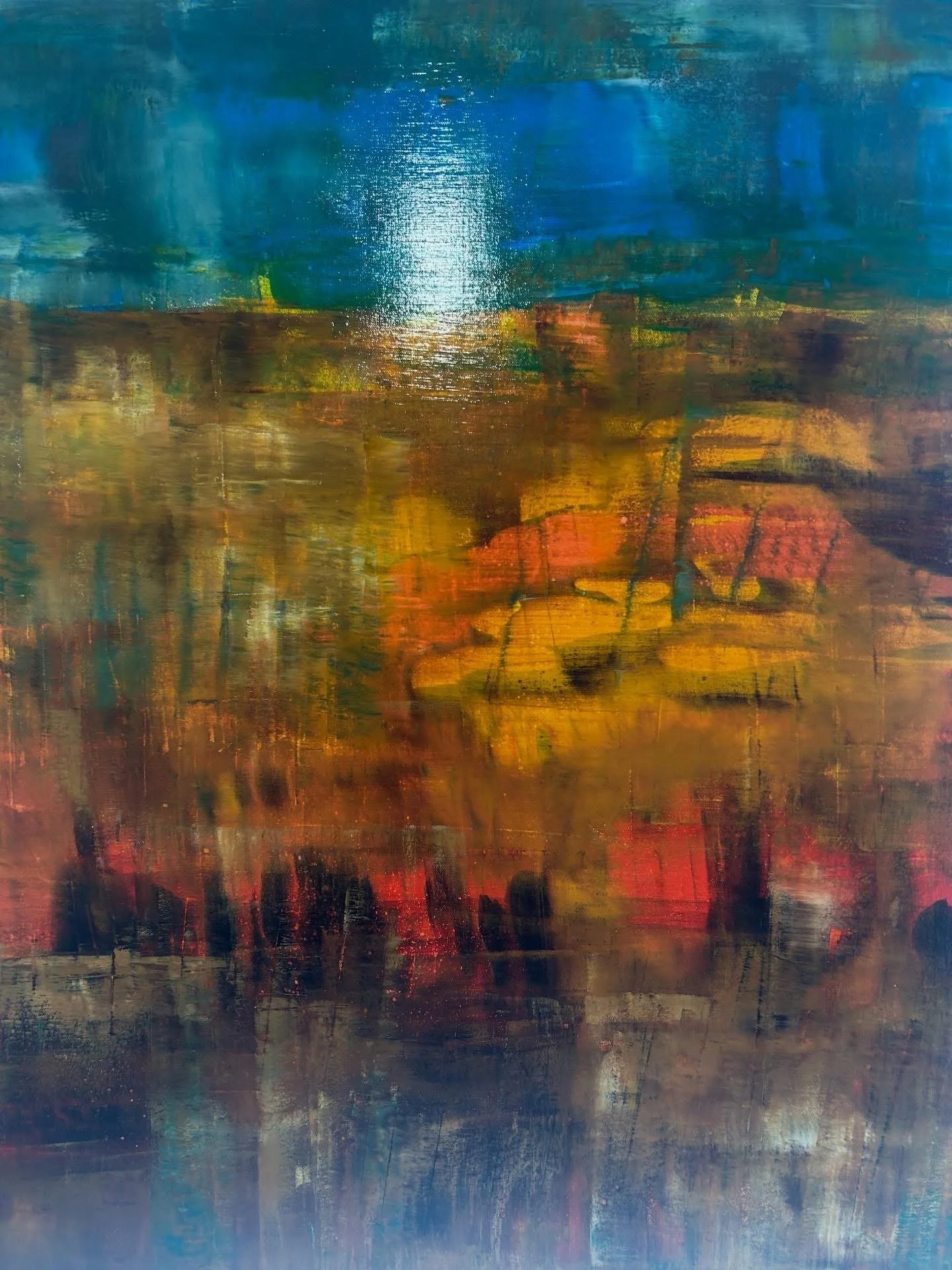 Abstract painting with blue, yellow, orange, and red hues, with textured brushstrokes.
