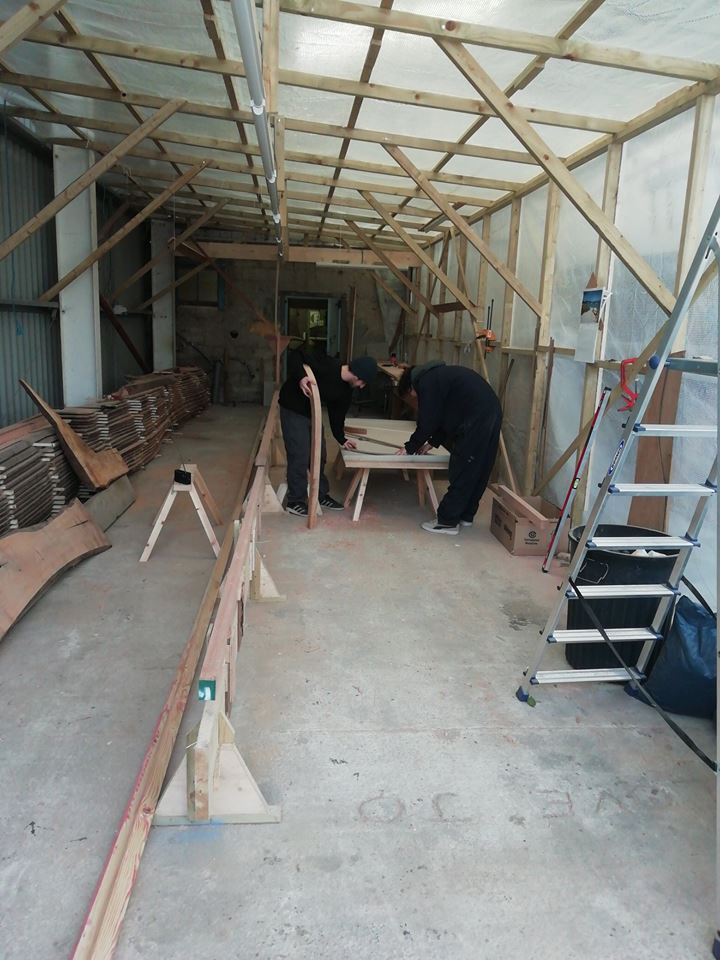March 26th Progress on the Cornish pilot gig build by Peter Martin, his grandson Dylan and friend Patrick. This week sorting out the stem of the gig and fixing to the keel. .jpg