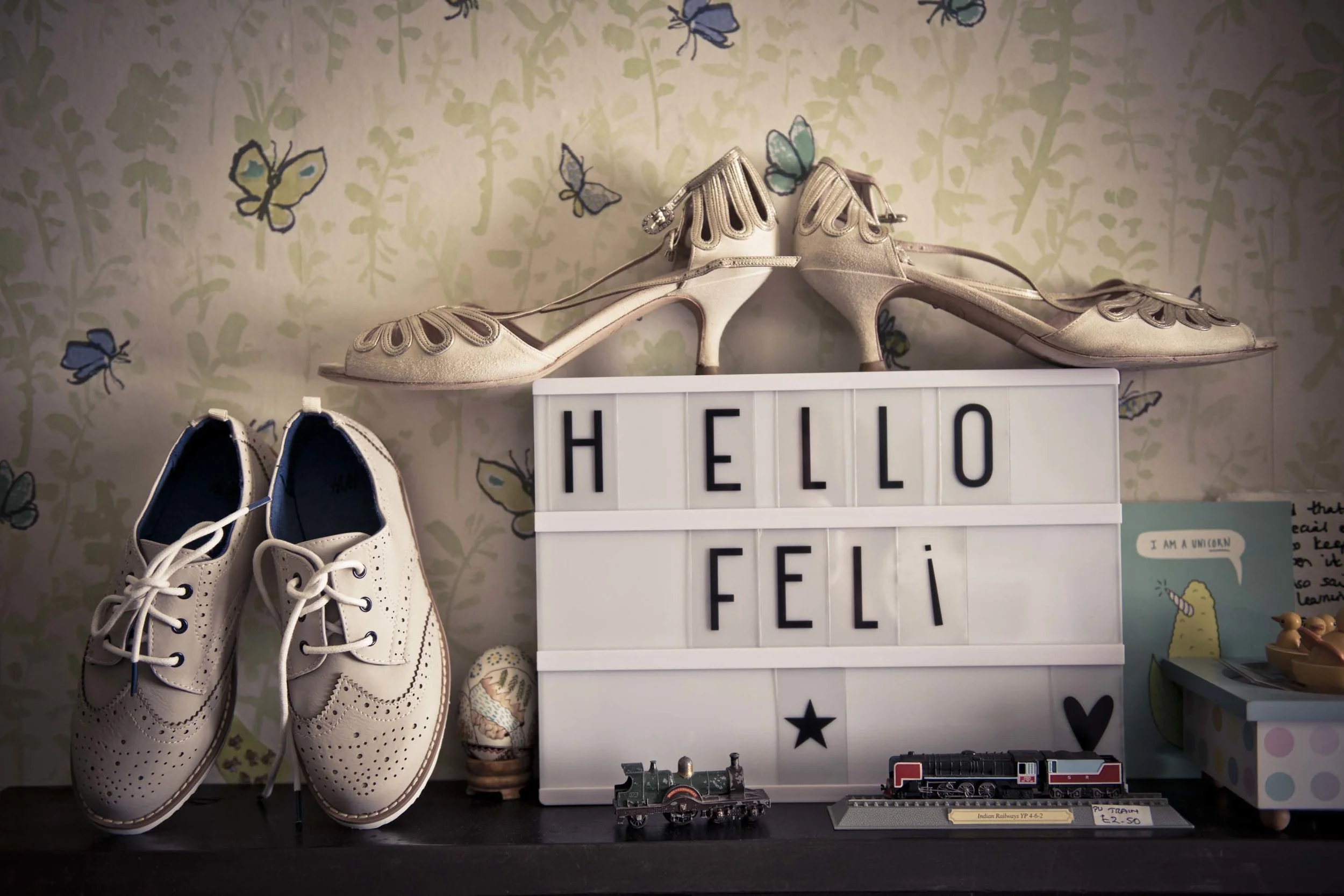 Wedding Shoes and Hello Sign Farmhouse Outdoor Wedding Photography Sussex | Barn Wedding Photo shoot Sussex | Relaxed Sussex Barn Vintage Wedding Photography | Sarah Wenban