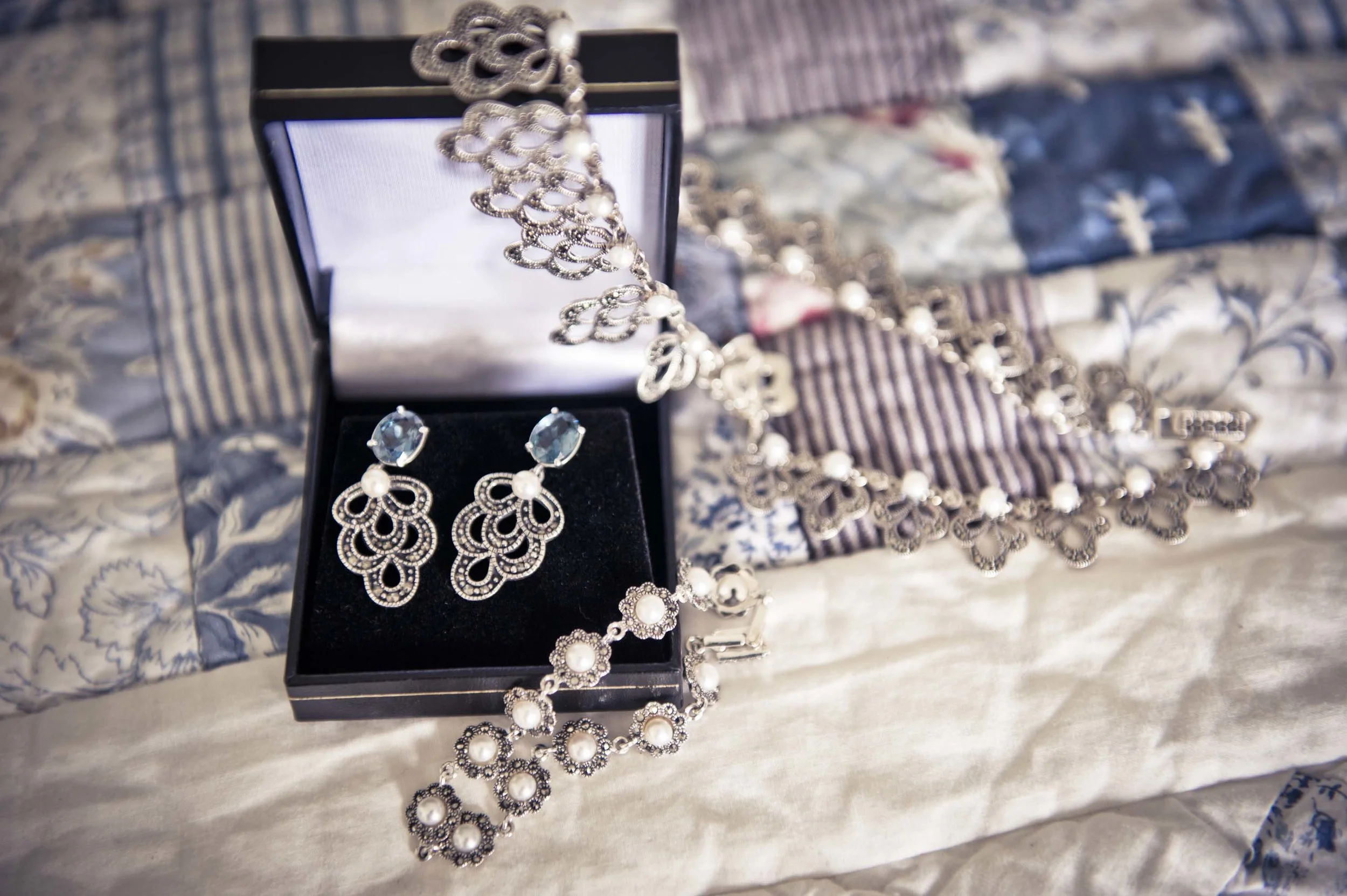 Bridal Jewellery, Earrings and Necklace at a Farmhouse Outdoor Wedding Photography Sussex | Barn Wedding Photo shoot Sussex | Relaxed Sussex Barn Vintage Wedding Photography | Sarah Wenban