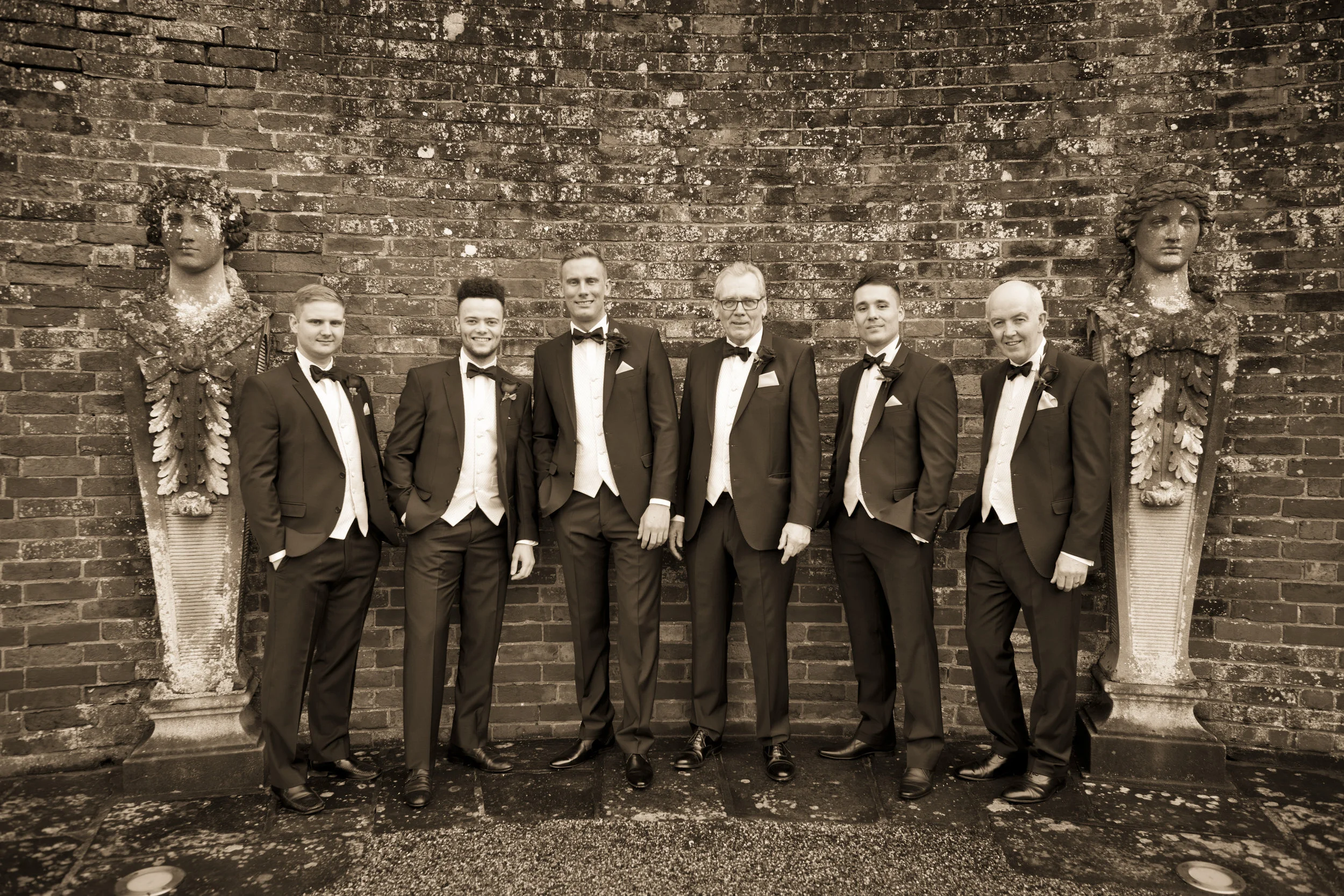 Groom and Ushers Sepia Estate Wedding Photography | Buxted Park Sussex Photography | Classic Elegant Wedding Photography Sussex