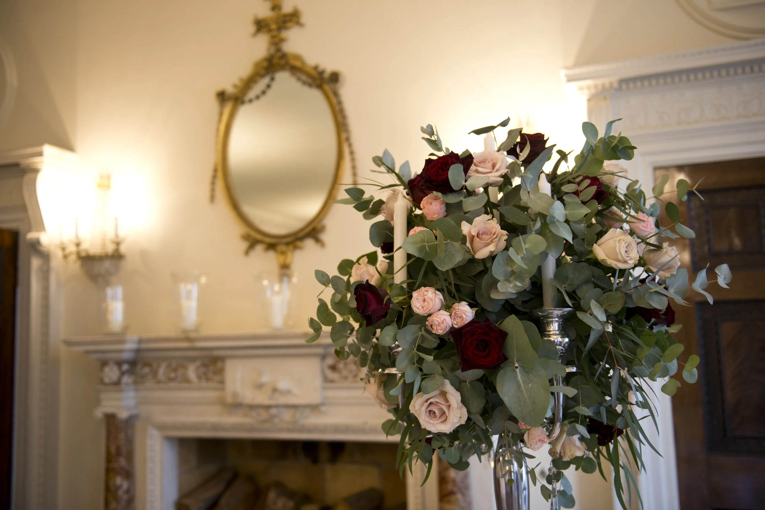 Wedding Decorations, Flowers and Mirror Photography Sussex | Buxted Park Sussex Photography | Classic Elegant Wedding Photography Sussex