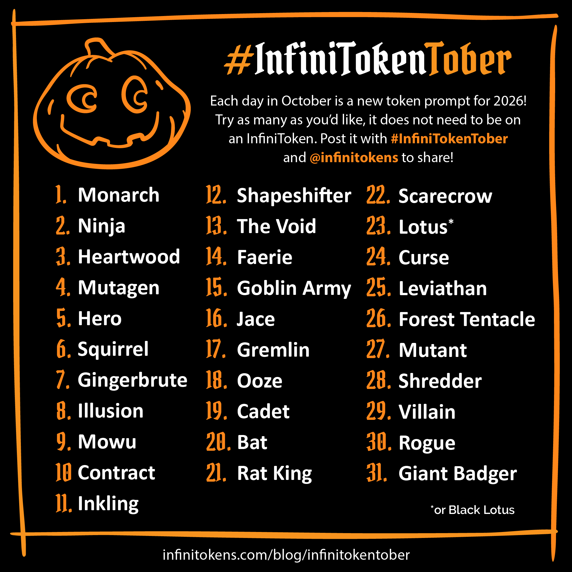A graphic of InfiniTokentober with the list of tokens and description from the text on this page.