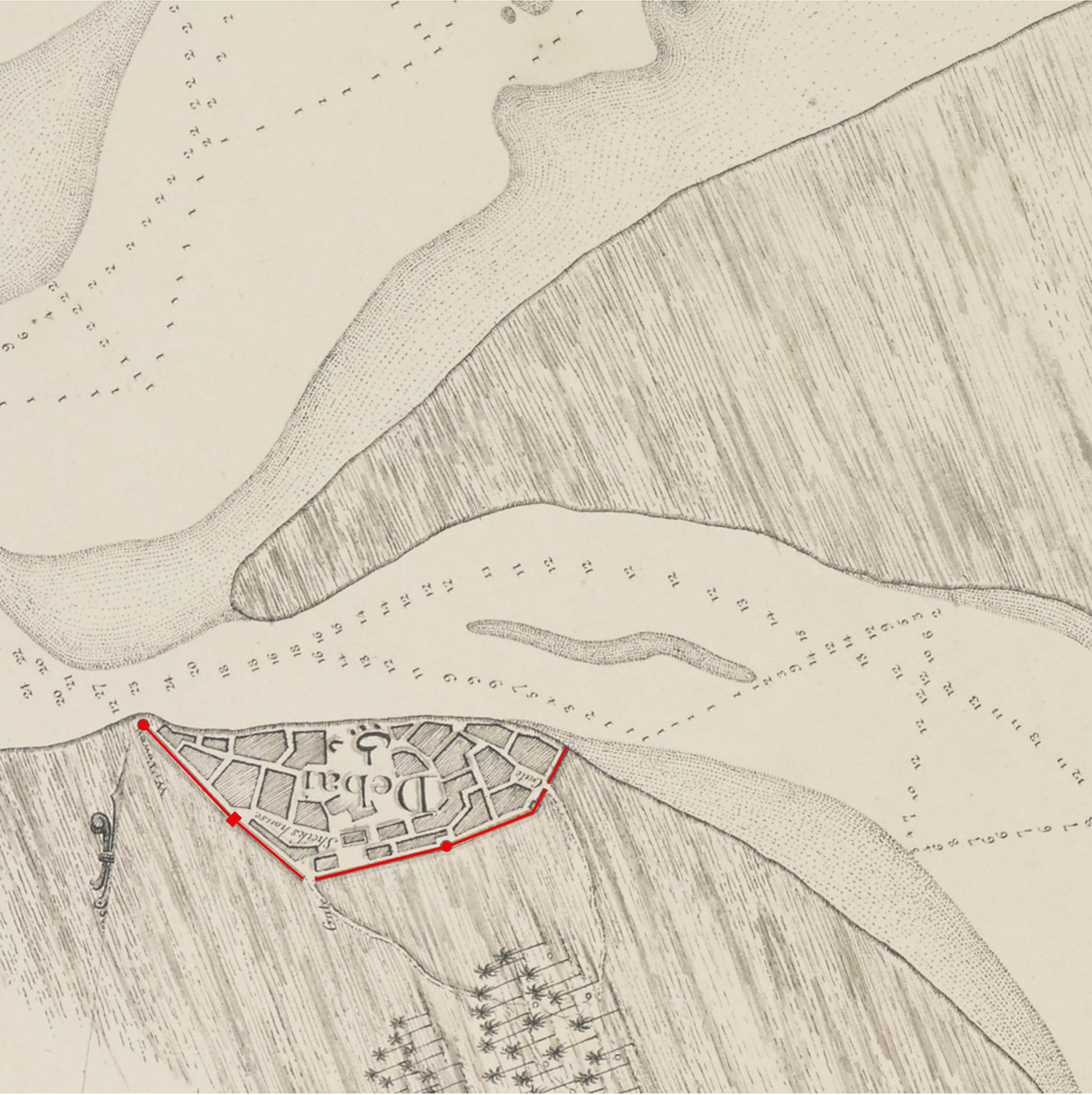  Map detail from ‘Trigonometrical Plan of the Back-water of DEBAI’ by Lieut. R. Cogan’s map, 1822  Highlighted in Red is the historic Path of Boundary wall around ‘DEBAI’, Source: http://www.sheikhmohammed.com 