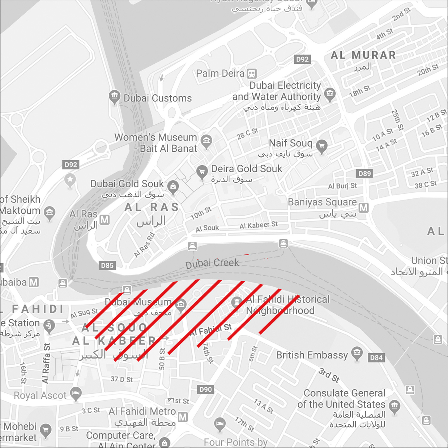  Modern day map of Bur Dubai  Highlighted in Red is the approximate area enclosed by the Historic Boundary wall  Image source: Google Earth 