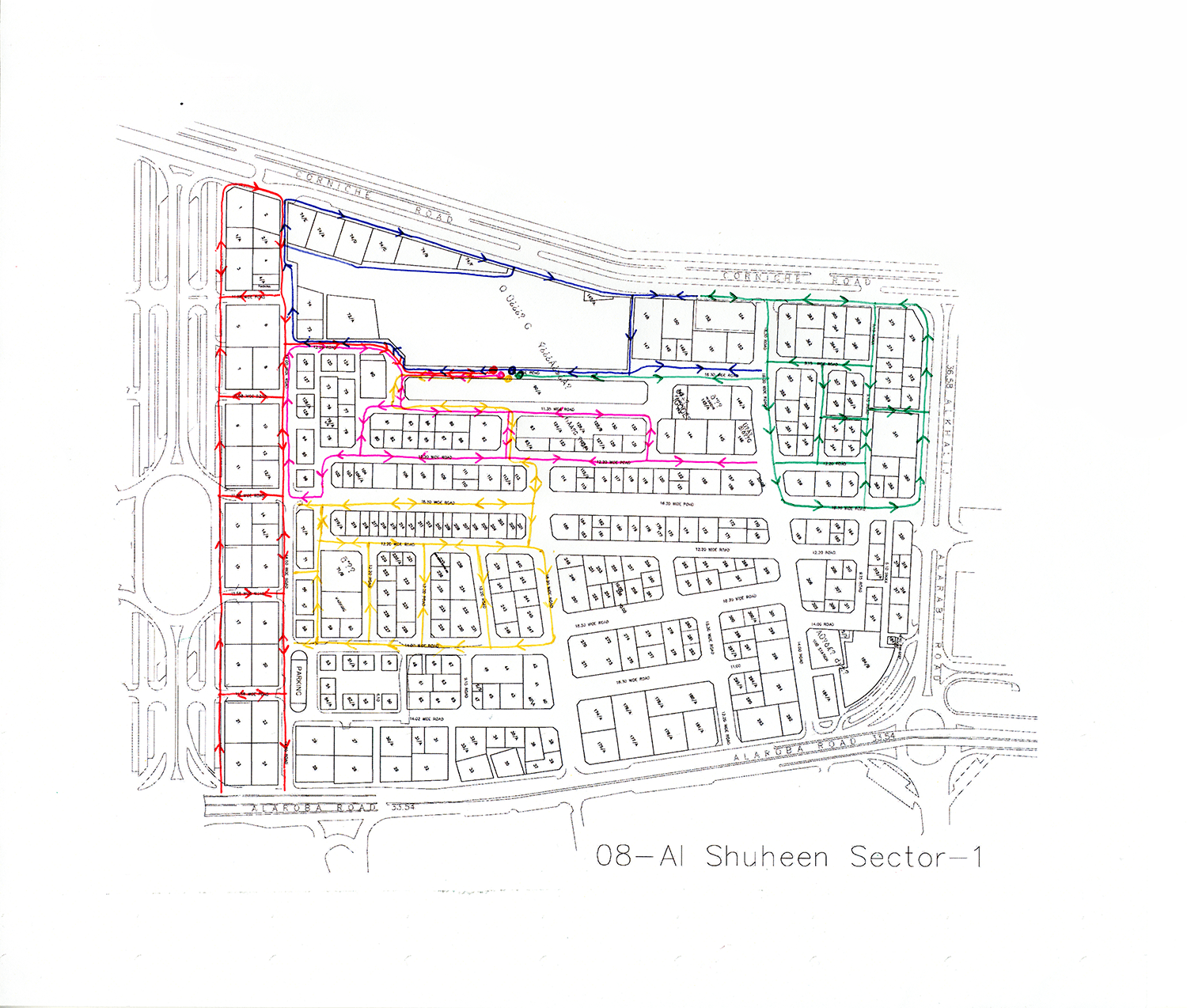   Sweeping , 2016 Remapped sweeper routes on sector map Ballpoint ink on copy paper 21 x 29 cm each  