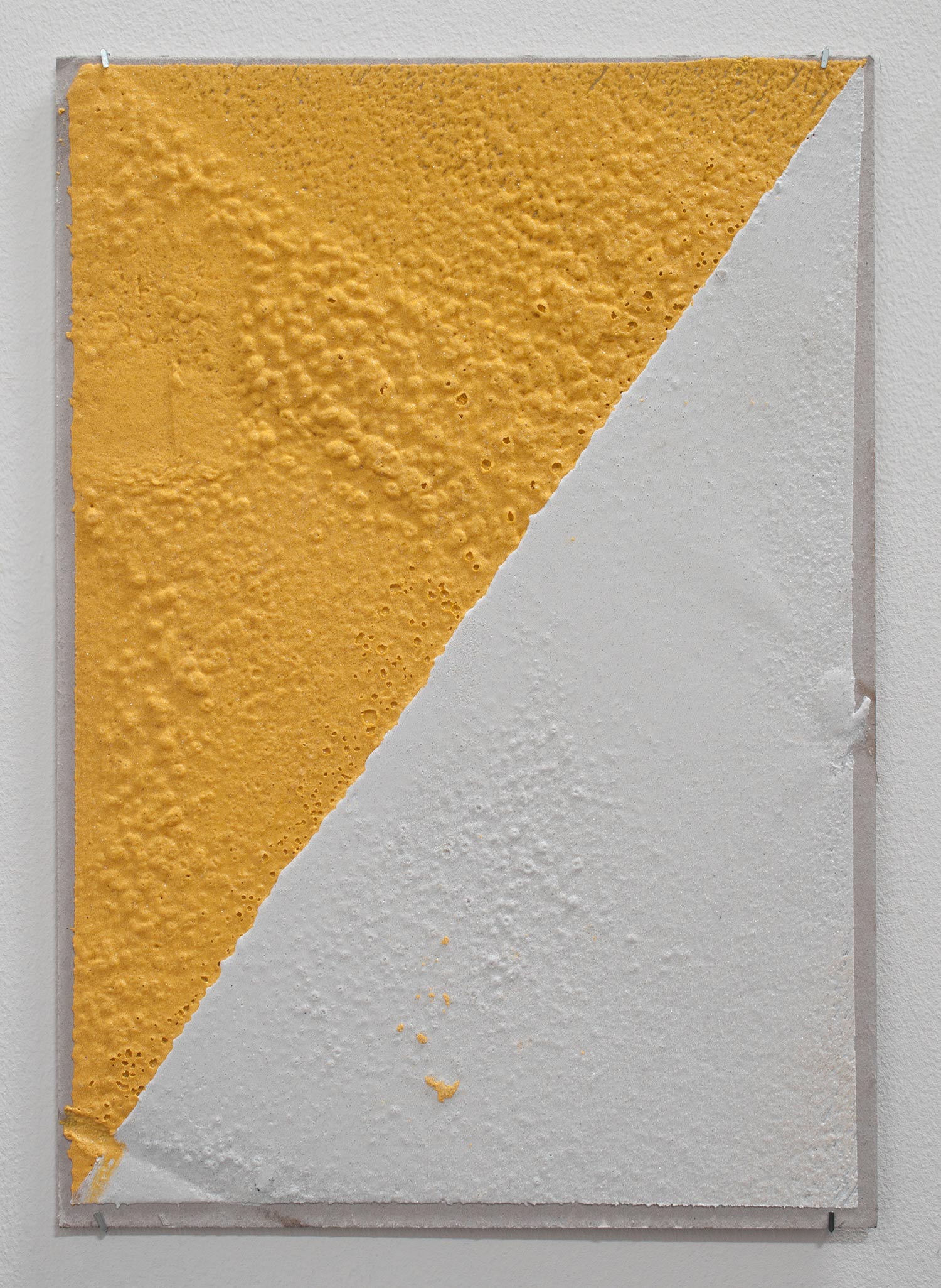   300 (W), 2 mm (T), Yellow, White, Random Mark, Hand Marking, Al Barsha South, Unnamed Street , 2017  Thermoplastic paint and reflective glass particles on grey board  35 x 50 cm 