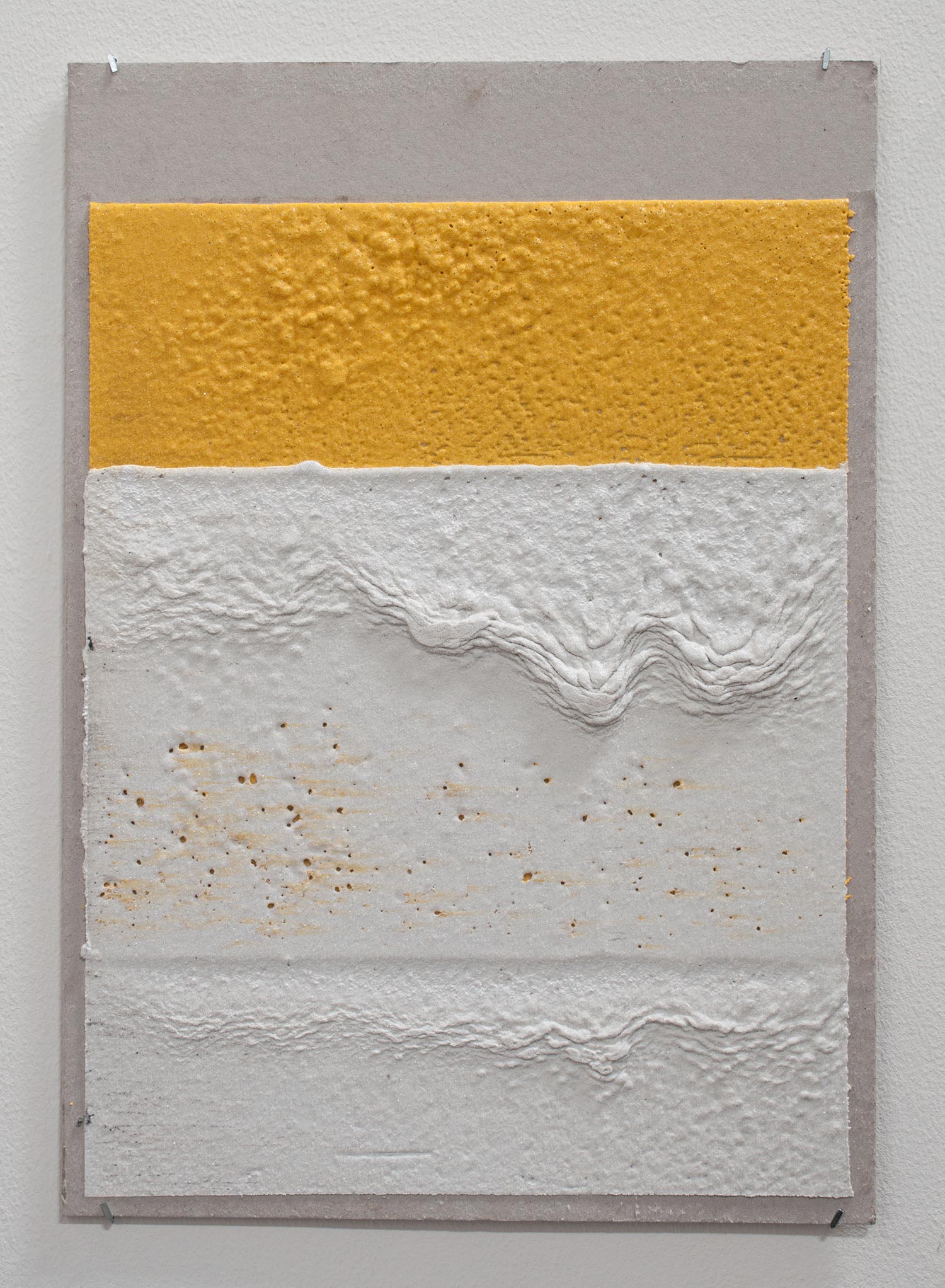   300mm (W), 2mm (T), Yellow, White, Random mark, hand marking, Al Barsha South, Unnamed street,  2017  Thermoplastic paint and reflective glass particles on grey board  35 x 50 cm 