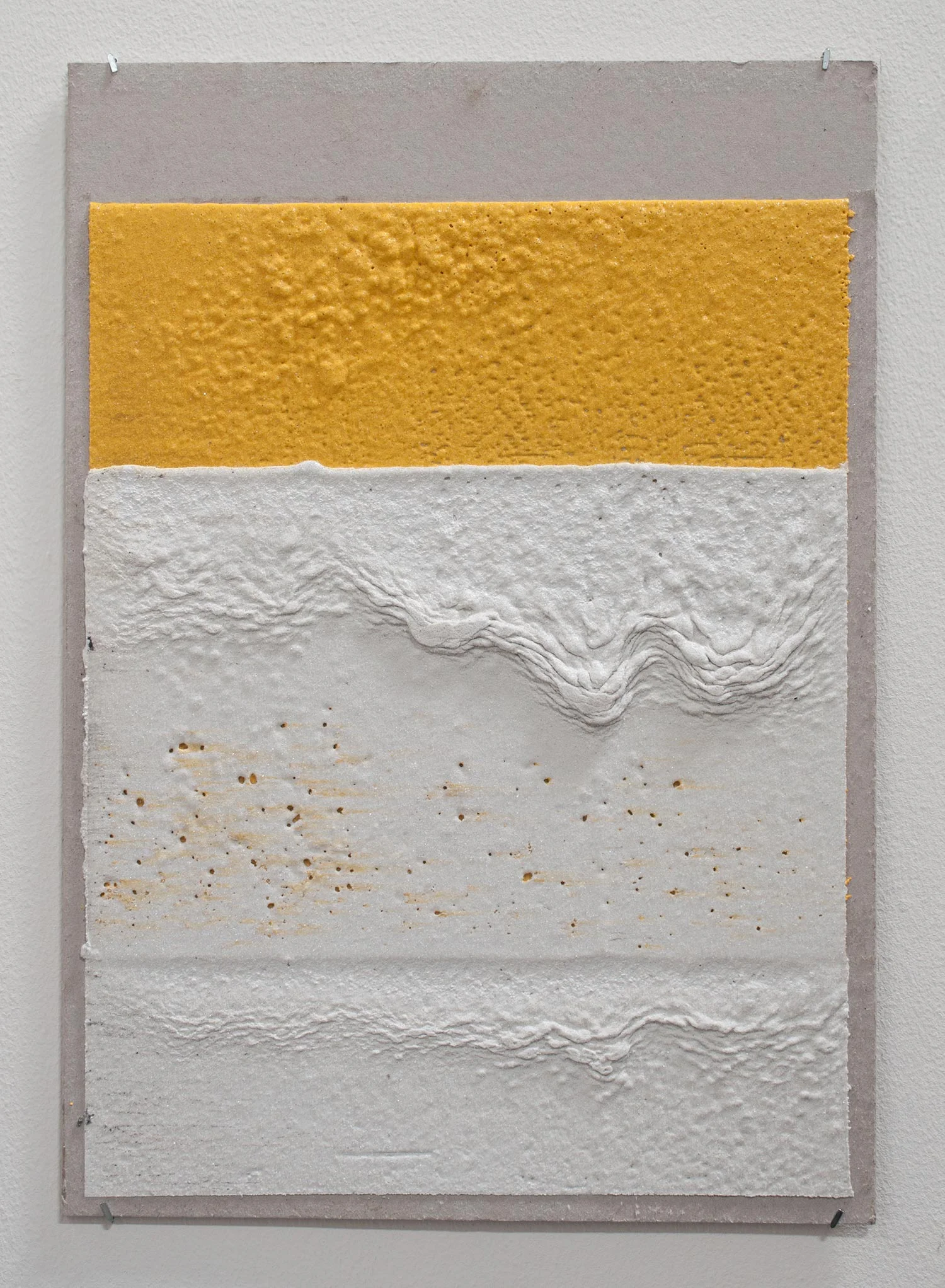 300mm (W), 2mm (T), Yellow, White, Random mark, hand marking, Al Barsha South, Unnamed street, 2017 Thermoplastic paint and reflective glass particles on grey board 35 x 50 cm