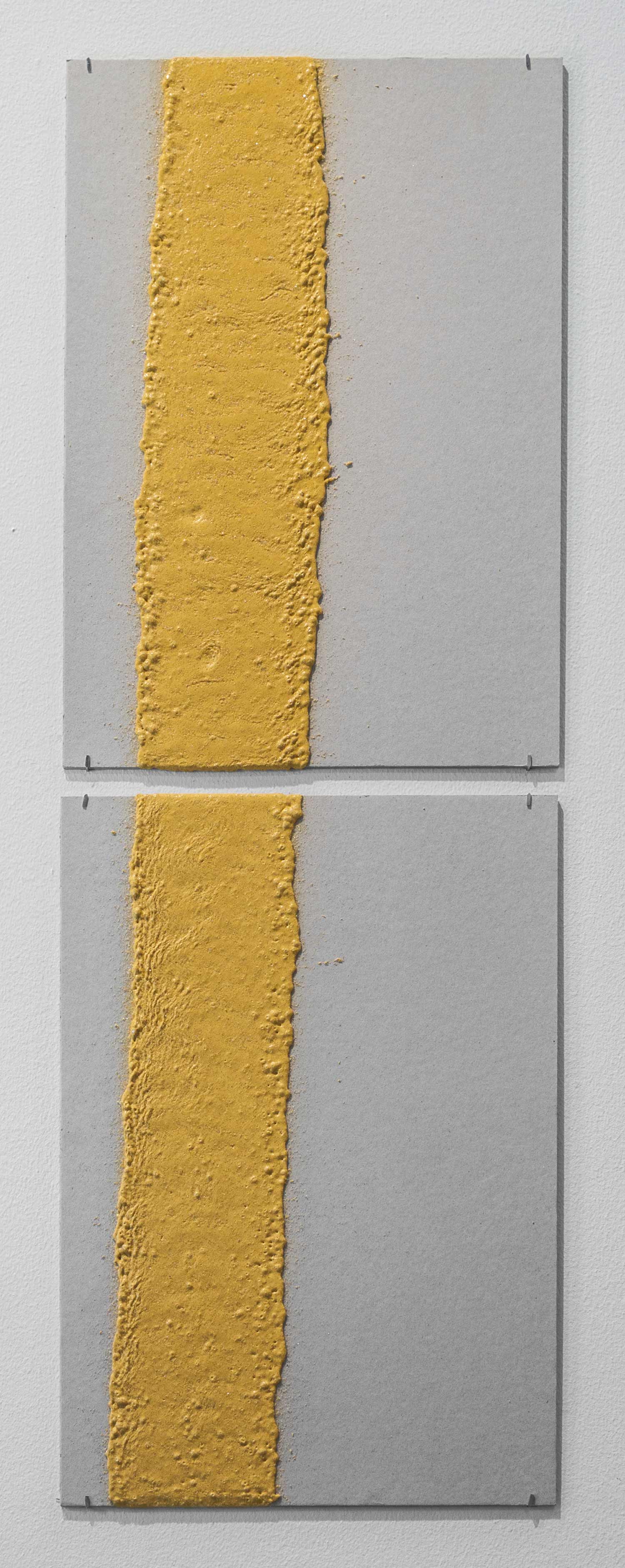   100mm (W), 1.5mm (T), Yellow, edge line (613), machine marking, Al Khawaneej 1, St 120,  2017  Thermoplastic paint, reflective glass particles and grey board  Diptych: 50 x 35 cm each 