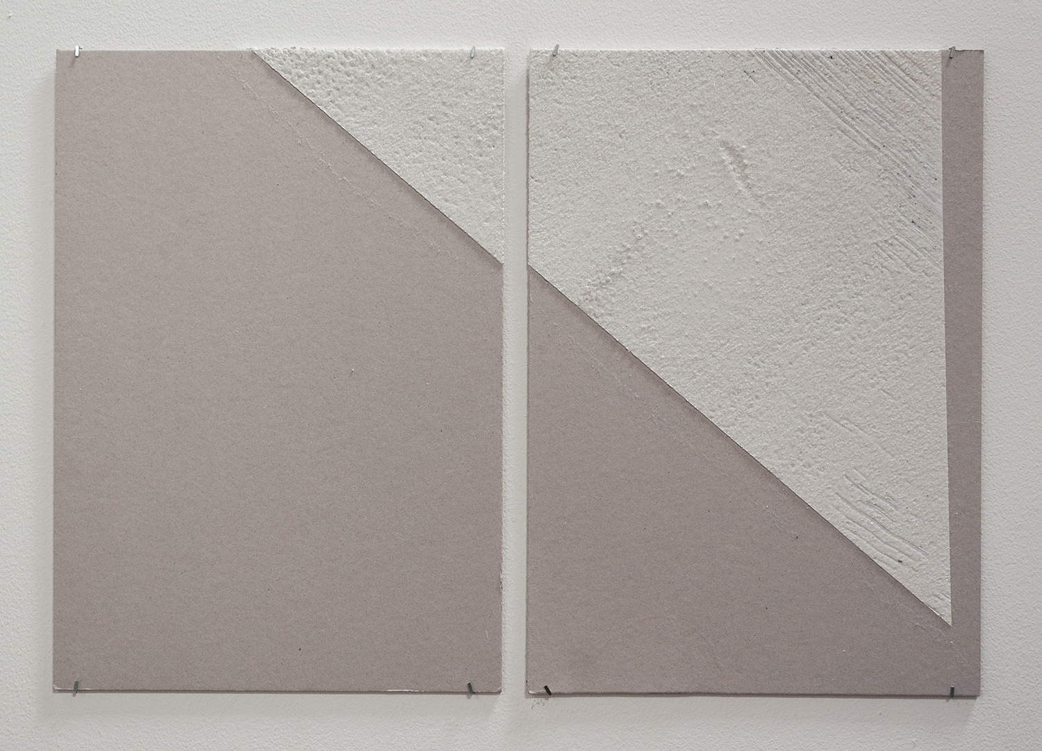   500mm (section) (W), 1.5mm (T), White, hatching gore area (657), hand marking, remarking, D83 Nad Al Hamar, LP 32,  2017  Thermoplastic paint, reflective glass particles and grey board  Diptych: 50 x 35 cm each 