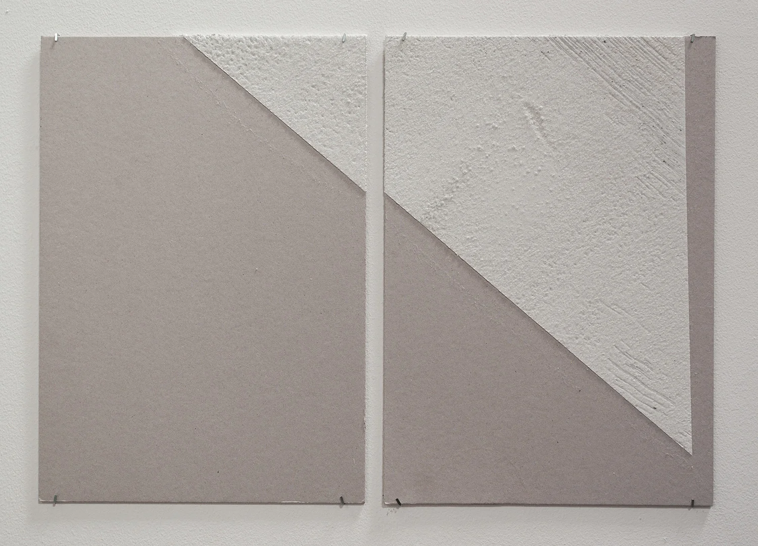 500mm (section) (W), 1.5mm (T), White, hatching gore area (657), hand marking, remarking, D83 Nad Al Hamar, LP 32, 2017 Thermoplastic paint, reflective glass particles and grey board Diptych: 50 x 35 cm each