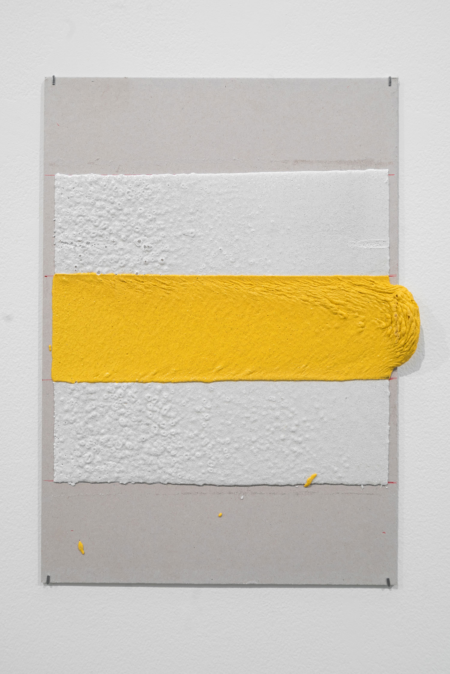   300mm (W), 100mm (W), 1.5mm (T), White, Yellow, Random mark, hand marking, remarking, Al Barsha South, Unnamed street,  2017  Thermoplastic paint and reflective glass particles on grey board  35 x 50 cm 