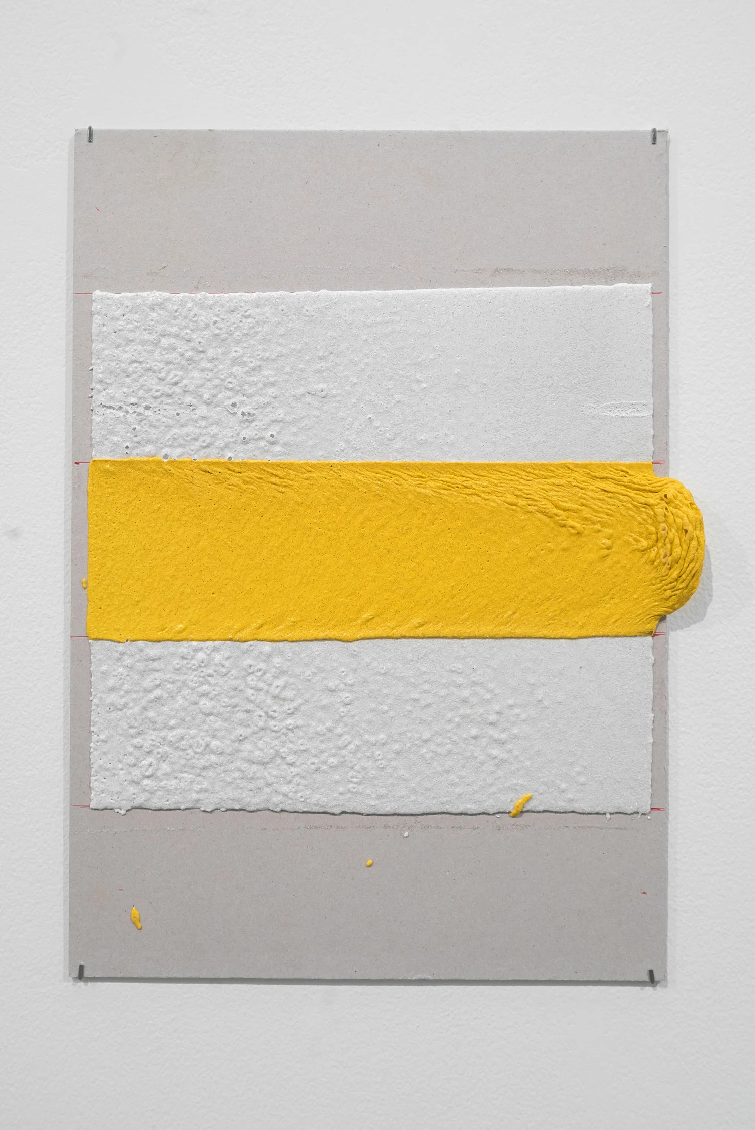 300mm (W), 100mm (W), 1.5mm (T), White, Yellow, Random mark, hand marking, remarking, Al Barsha South, Unnamed street, 2017 Thermoplastic paint and reflective glass particles on grey board 35 x 50 cm