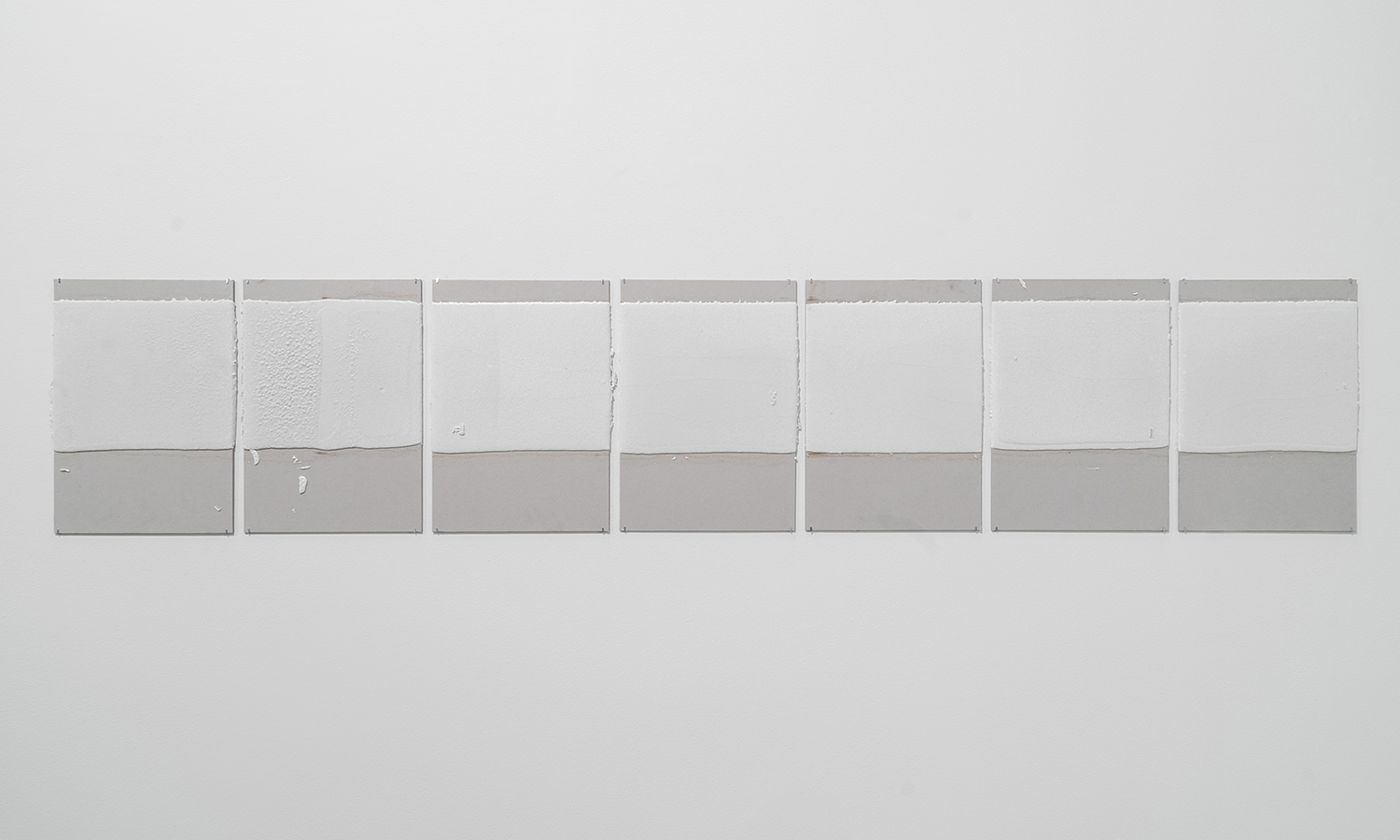   300mm (section) (W), 5mm (T), White, Stop Line (601), Hand Marking, Remarking, D88 Omar Bin Al Khattab St, LP 47,  2017  Set of 7 works  Thermoplastic paint and reflective glass particles on grey boards  50 x 35 cm each 