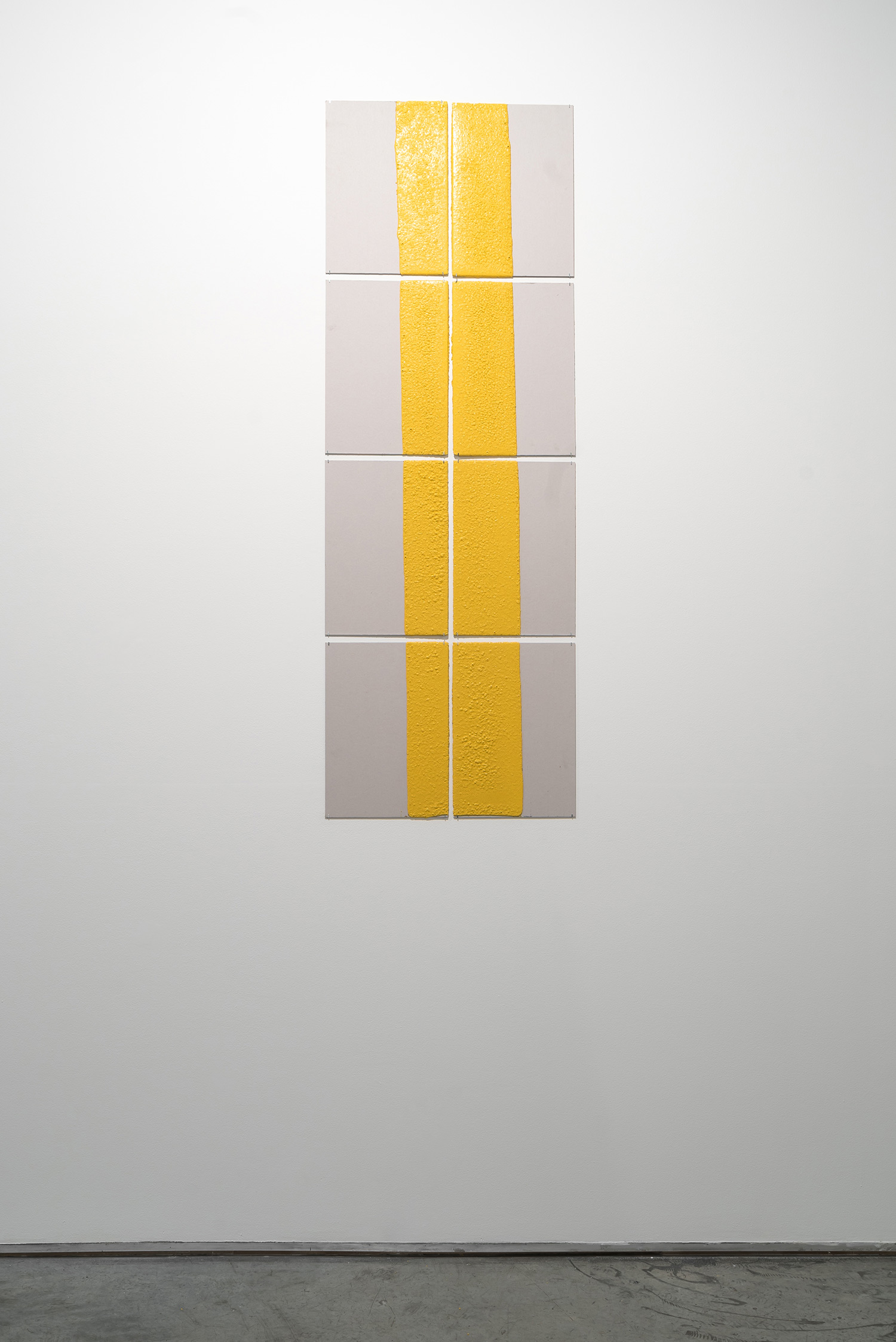   300mm (section) (W), 5mm (T), Yellow, Rumble strips warning marking (650), hand marking, remarking, E44 Al Awir Road, LP ?,  2017  Set of 8 works  Thermoplastic paint and reflective glass particles on grey boards  50 x 35 cm each 