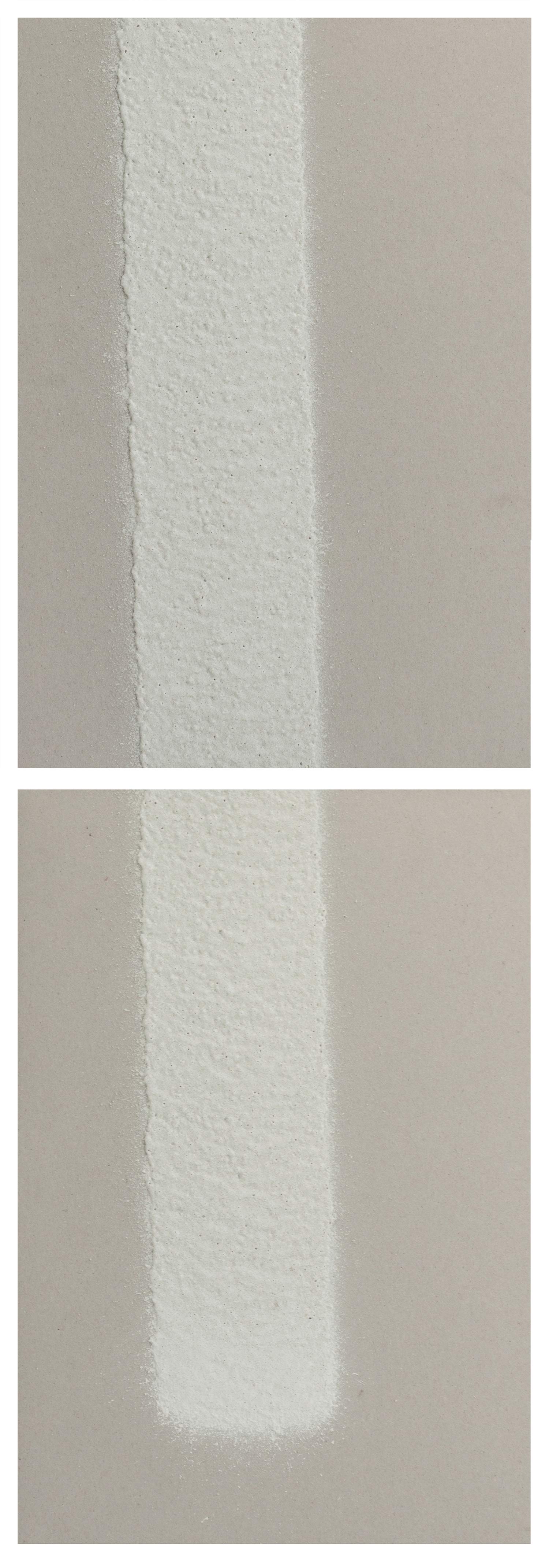   100mm (W), 1.2mm (T), White, Parking envelope line (620), 1000mm (L), machine marking, remarking, Al Barsha 1, St 25b,  2017  Thermoplastic paint, reflective glass particles and grey board  Diptych: 50 x 35 cm each 