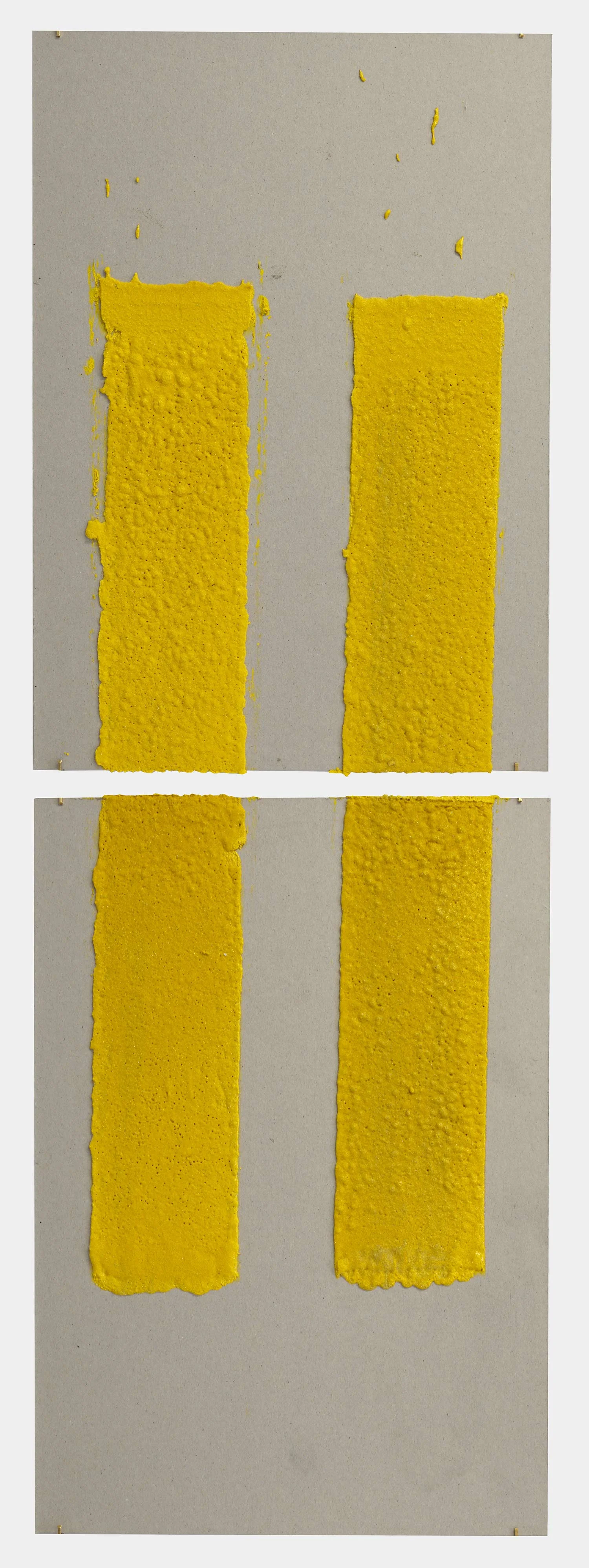4in (section) (W), 2.27mm (T), Yellow, Double Yellow discontinuous, Manual marking, Lewis St, Btw Delancey St - Grand St, 2018 Thermoplastic paint, reflective glass particles on grey board Diptych: 50 x 35 cm each