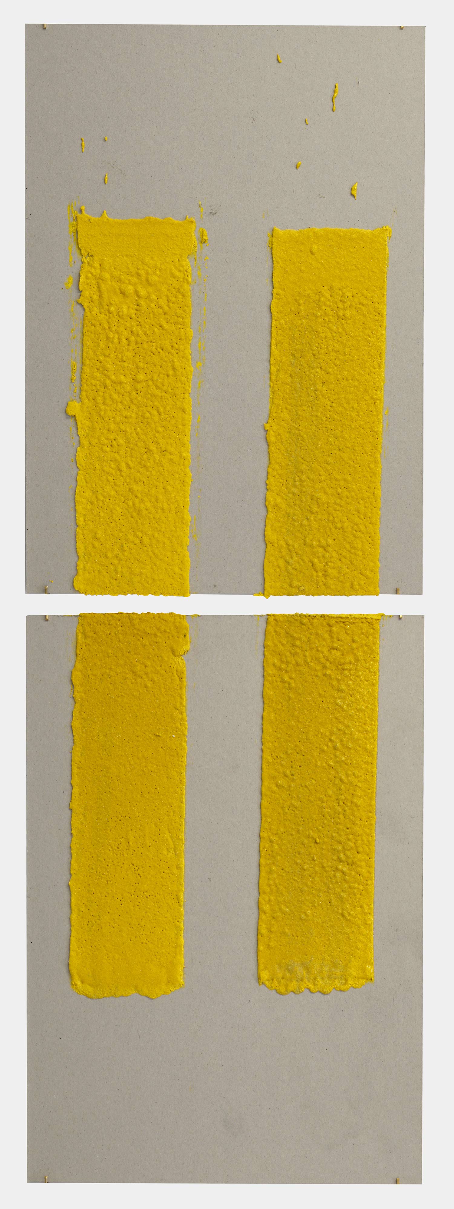   4in (section) (W), 2.27mm (T), Yellow, Double Yellow discontinuous, Manual marking, Lewis St, Btw Delancey St - Grand St,  2018  Thermoplastic paint, reflective glass particles on grey board  Diptych: 50 x 35 cm each 