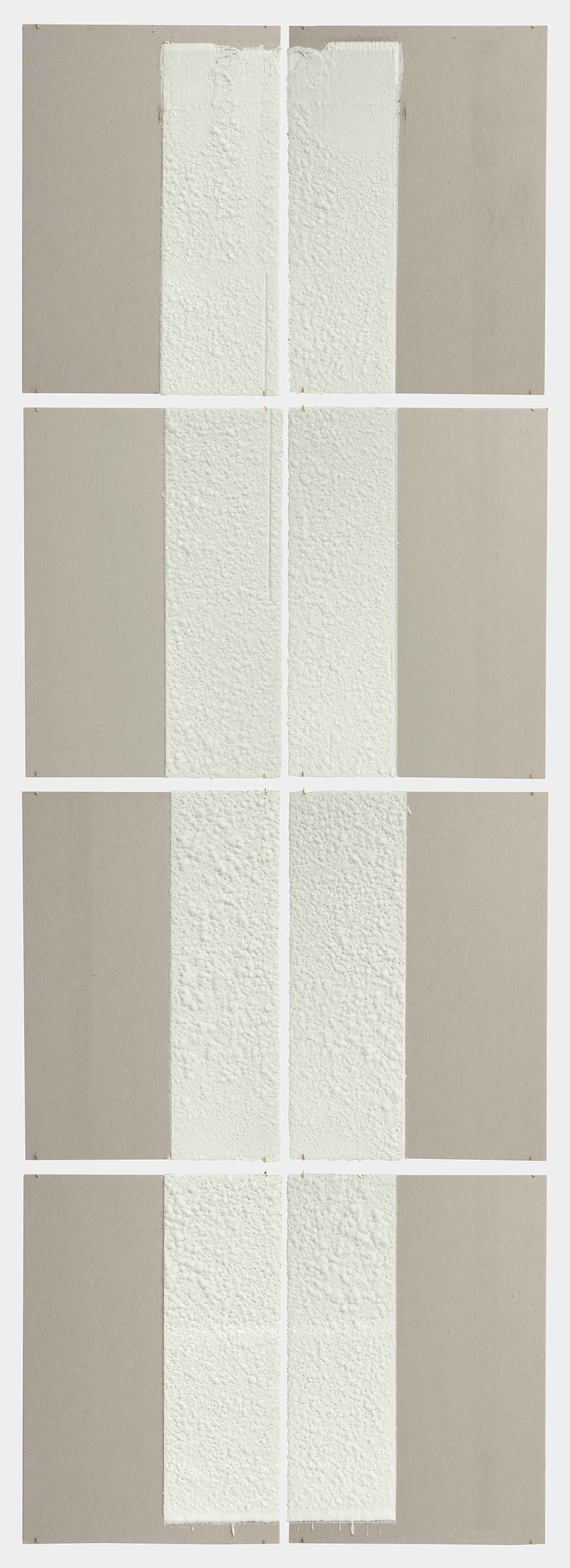   12in (section) (W), 2.27mm (T), White, Crosswalk, Manual marking, Lispenard St, Church St int,  2018  Set of 8 works Thermoplastic paint and reflective glass particles on grey boards 50 x 35 cm each 