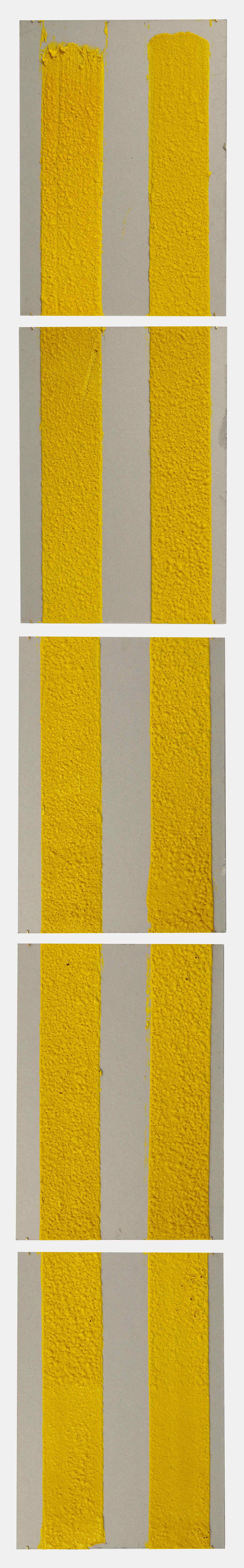   4in (section) (W), 2.27mm (T), Yellow, Double Yellow continuous, Manual marking, Lewis St, Btw Delancey St - Grand St,  2018  Set of 5 works Thermoplastic paint and reflective glass particles on grey boards 50 x 35 cm each 