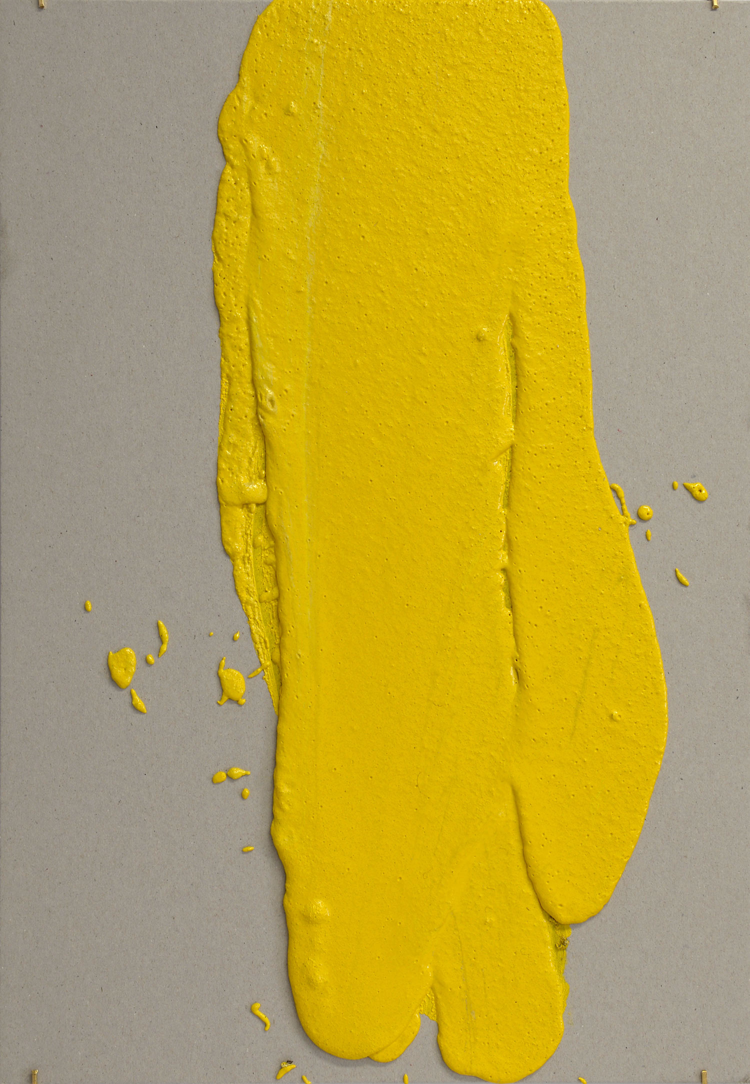  4in (section) (W), 2.27mm (T), Yellow, Random mark, Hand marking, Lewis St, Btw Delancey St - Grand St,  2018  Thermoplastic paint, reflective glass particles on grey board 35cm x 50cm 