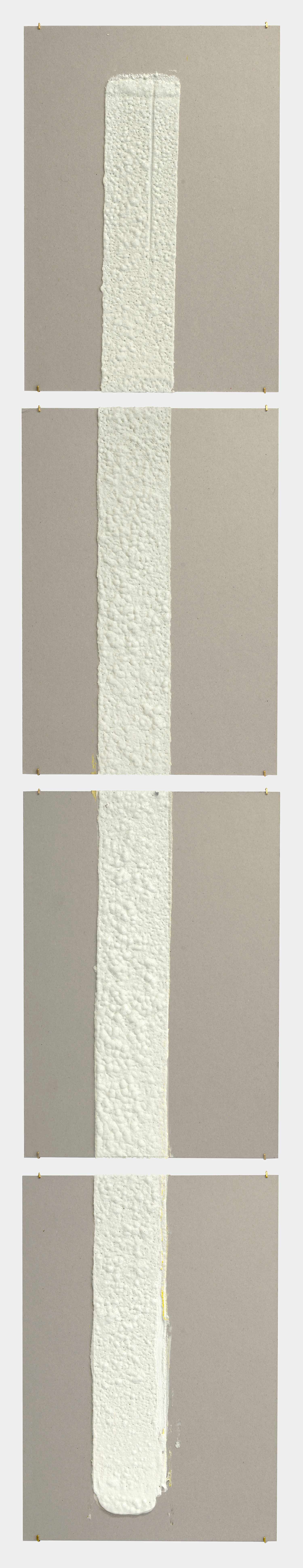   4in (section) (W), 2.27mm (T), White, Skips, Manual marking, Lexington Ave, Btw E77 St - E78 St,  2018  Set of 4 works Thermoplastic paint and reflective glass particles on grey boards 50 x 35 cm each 