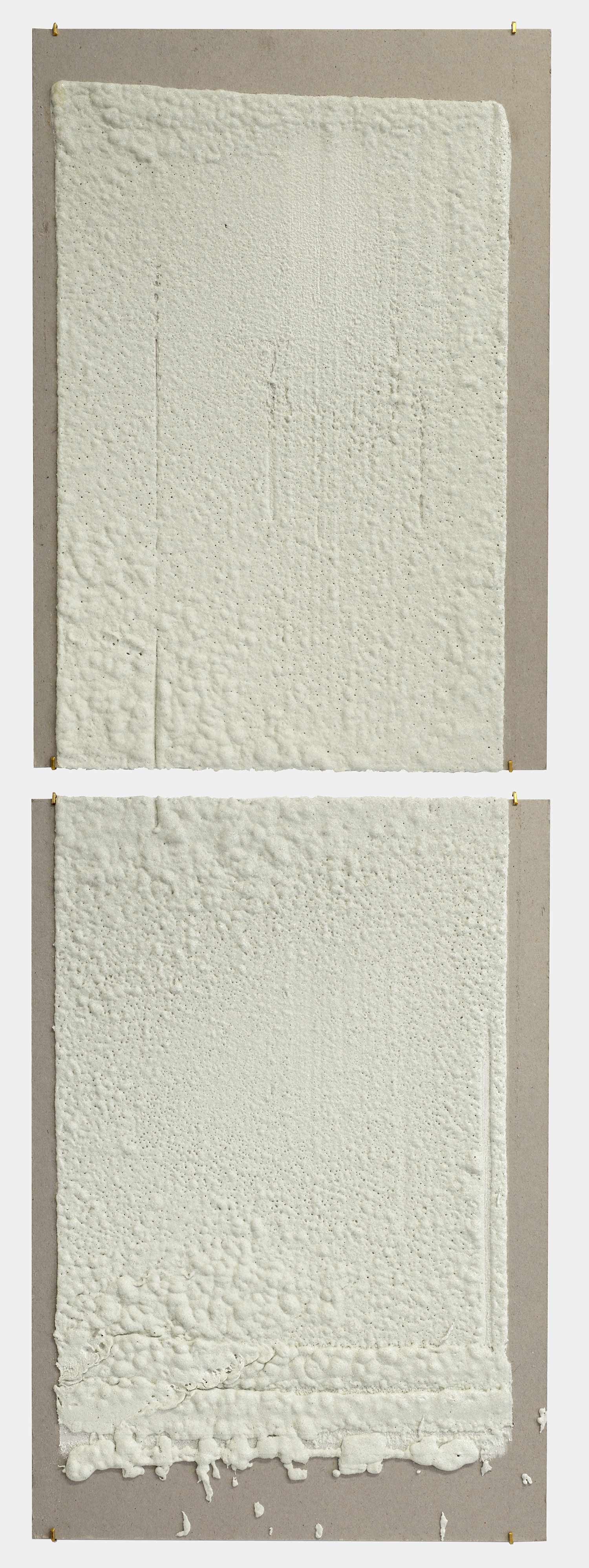   12in (section) (W), 2.27mm (T), White, Crosswalk, Manual marking, Columbus Ave, W92 St int,  2018  Thermoplastic paint, reflective glass particles on grey board  Diptych: 50 x 35 cm each   