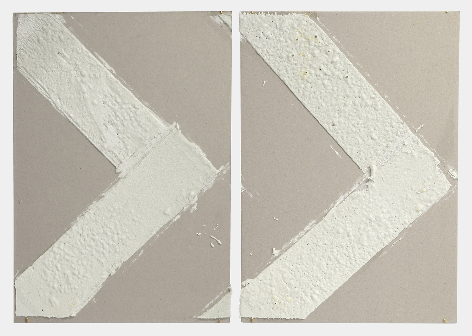   4in (section) (W), 2.27mm (T), White, Chevron, Manual marking, Delancey St, Lewis St int,  2018  Thermoplastic paint, reflective glass particles on grey board  Diptych: 50 x 35 cm each 