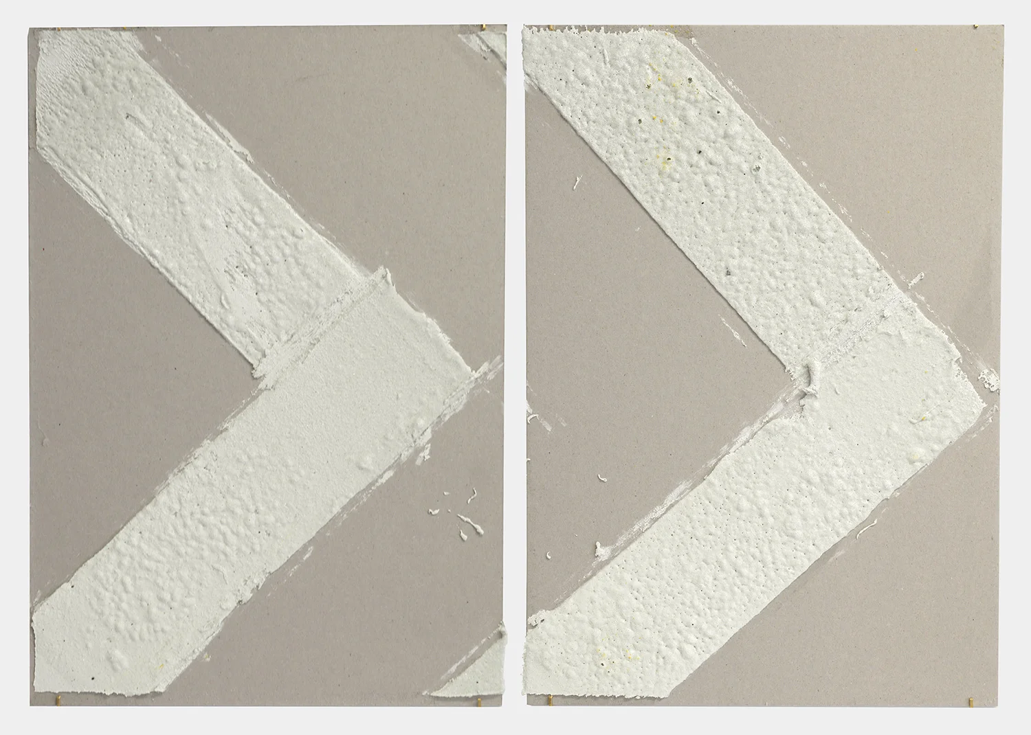 4in (section) (W), 2.27mm (T), White, Chevron, Manual marking, Delancey St, Lewis St int, 2018 Thermoplastic paint, reflective glass particles on grey board Diptych: 50 x 35 cm each