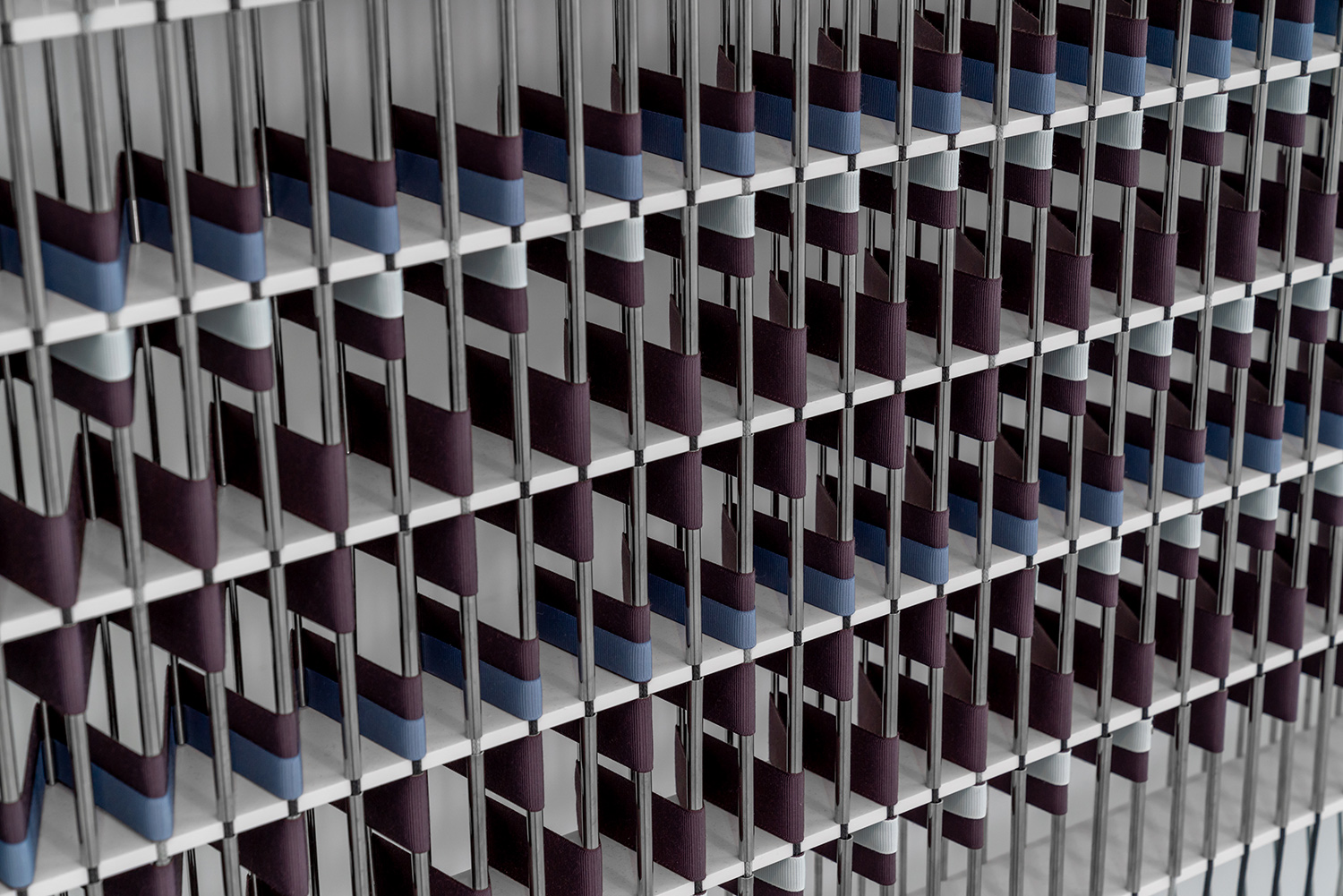  12 rows of white slats running in between represent 12 platforms on the vertical axis.  Installation view (Detail)  Louvre Abu Dhabi  Image courtesy artist and Studio MTX 