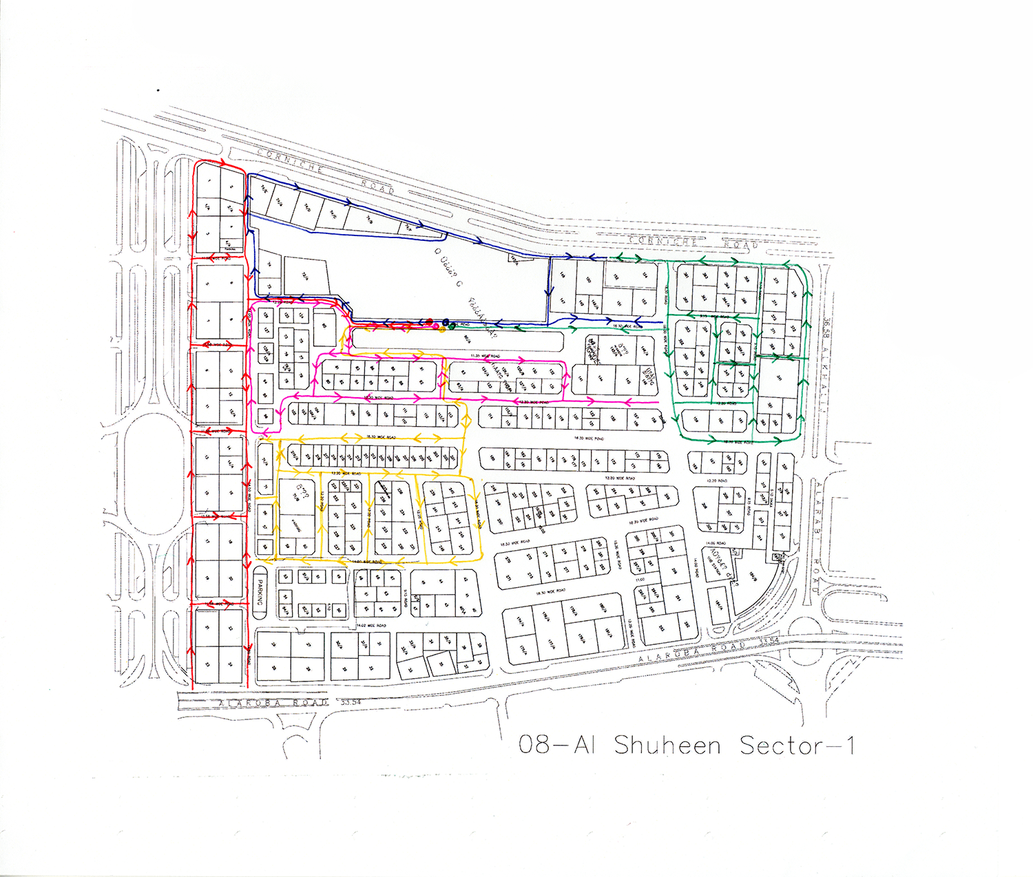  Remapped sweeper routes on sector map  Ballpoint ink on copy paper  Map courtesy of Bee’ah   