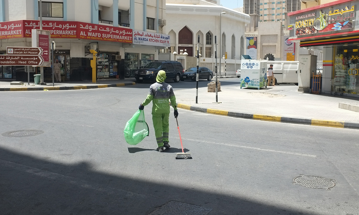    Sweeping ,  2016  The routes of five municipal street sweepers are remapped to converge towards Sharjah Art Museum. Everyday, they deposit freshly collected trash bags in a row, creating an ephemeral public work. 