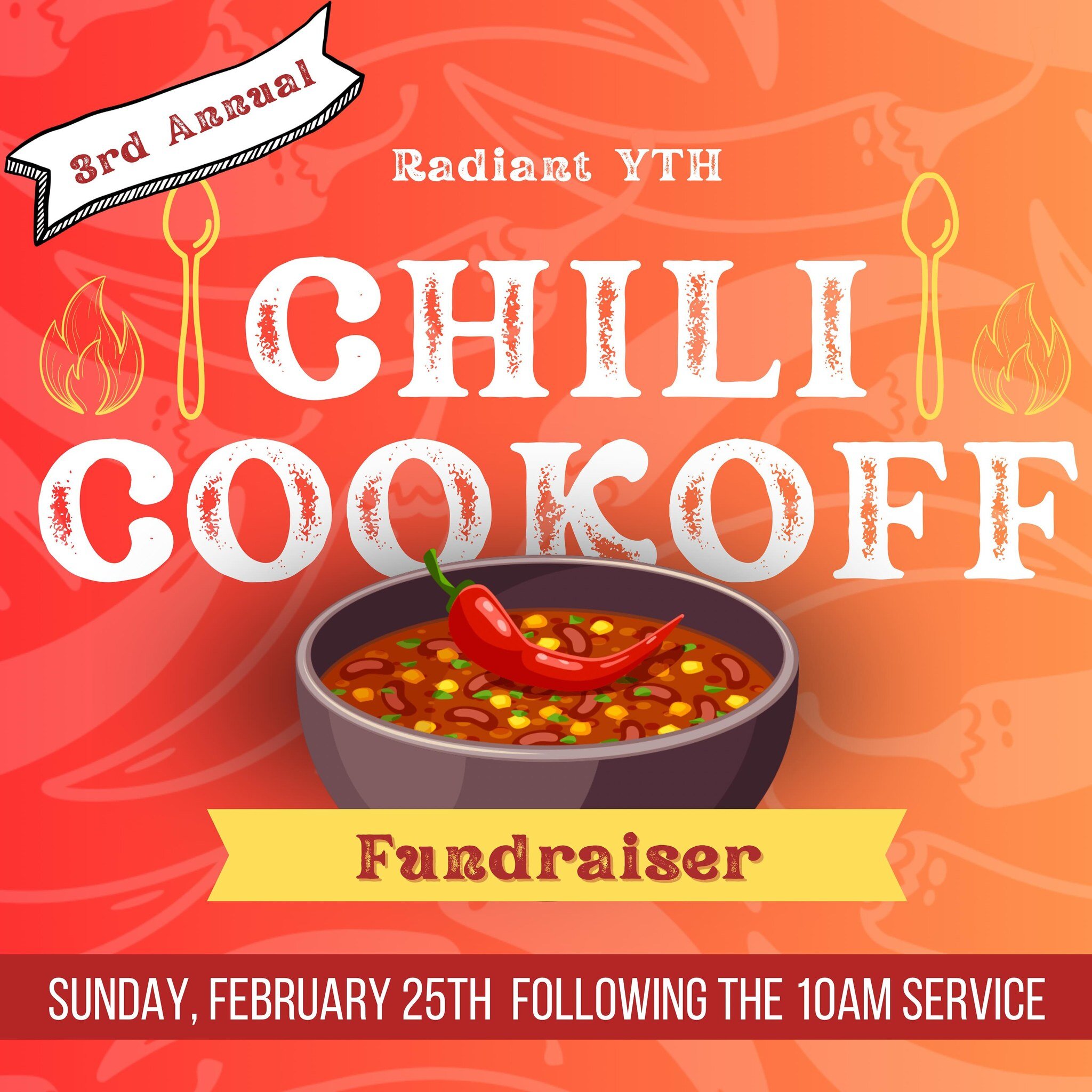 LET&rsquo;S GET COOKIN!  Our third annual Chili Cookoff camp fundraising is THIS SUNDAY! Following the 10am service at the Canton Campus, we&rsquo;ll be judging and serving up some of the best chili around! Entry fee per recipe is $20 and will help s