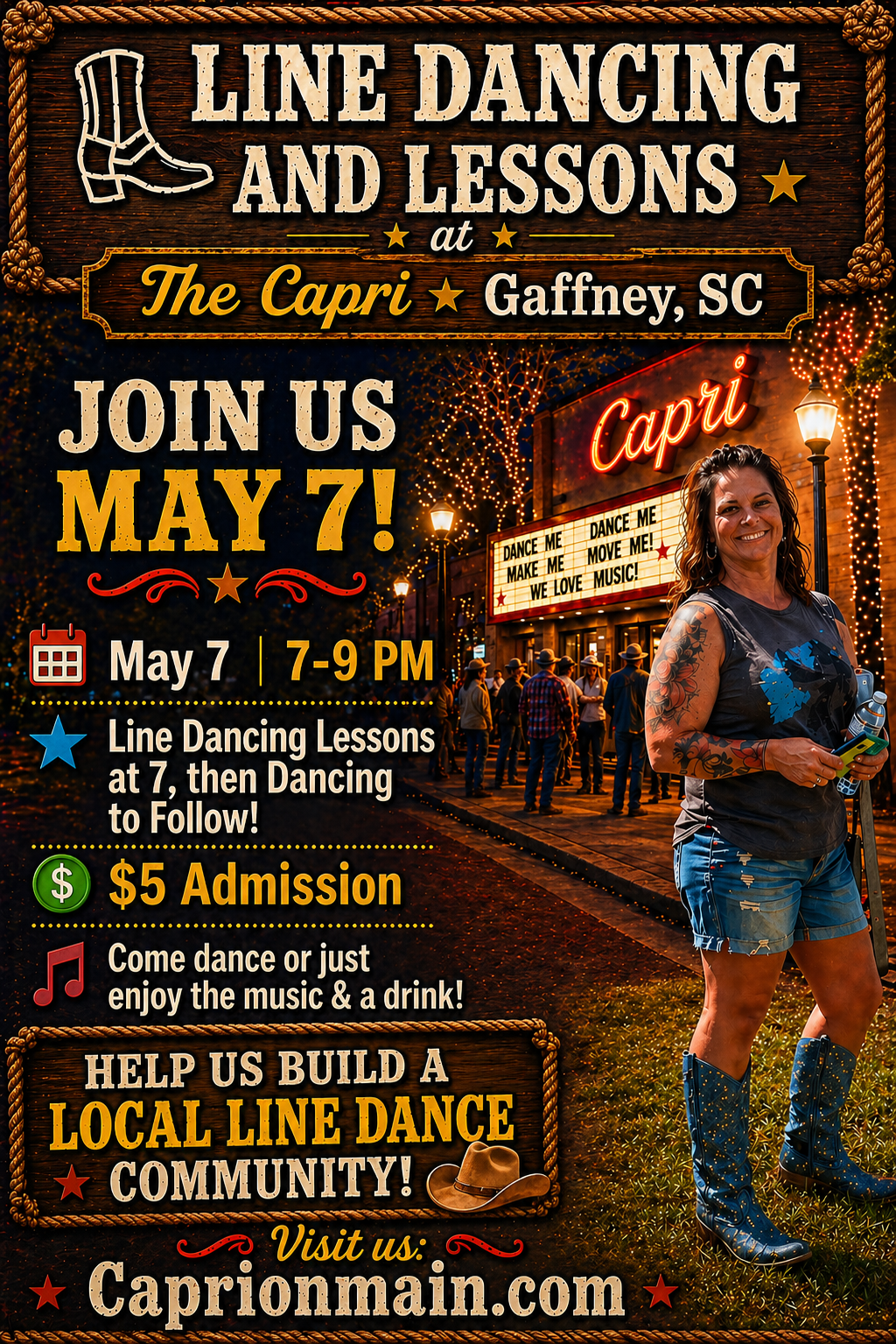Giddy up! Line Dancing Night hosted by 
Jennifer Arms 