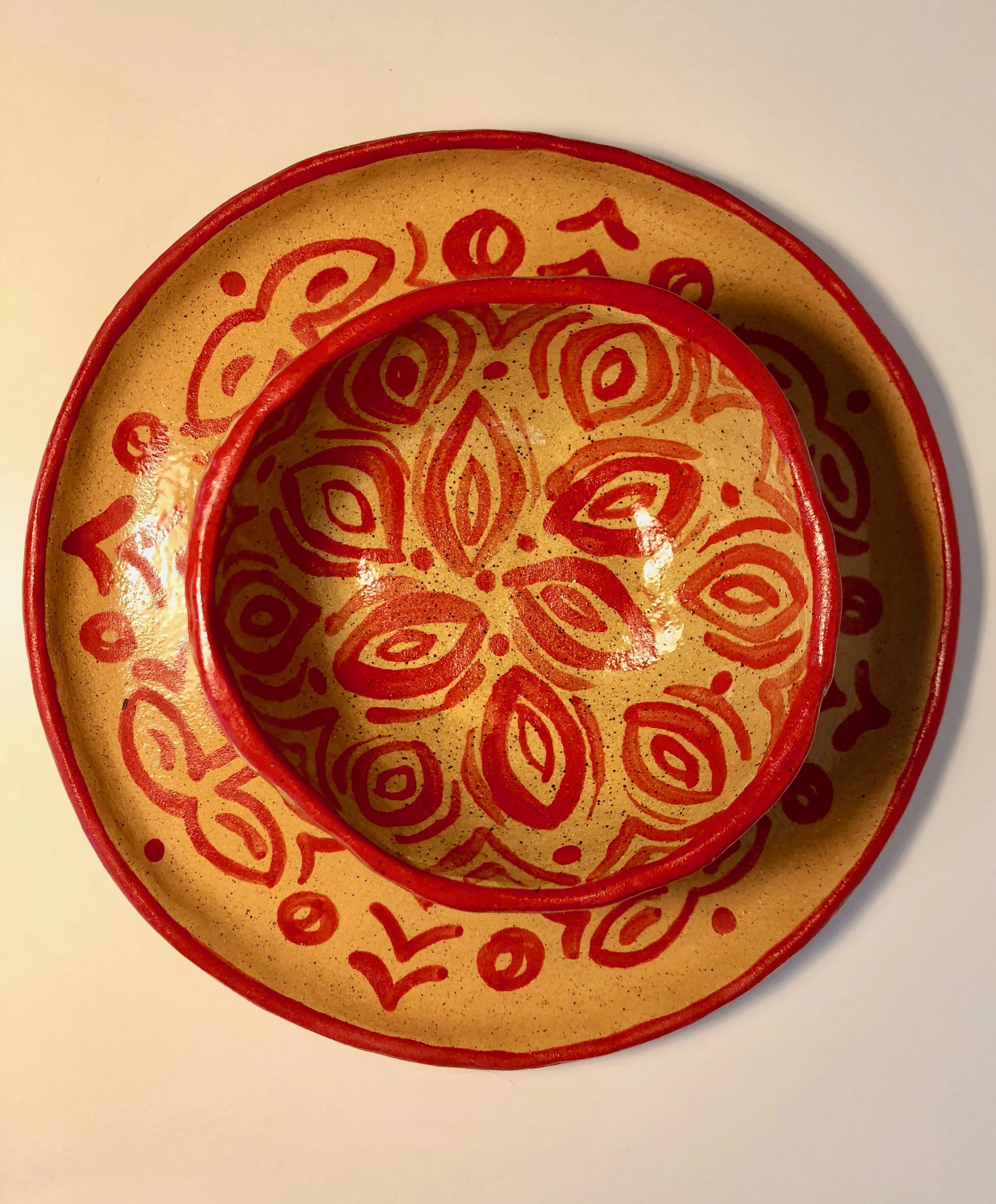 Hand Painted Plate and Pinch Pot Bowl: Red