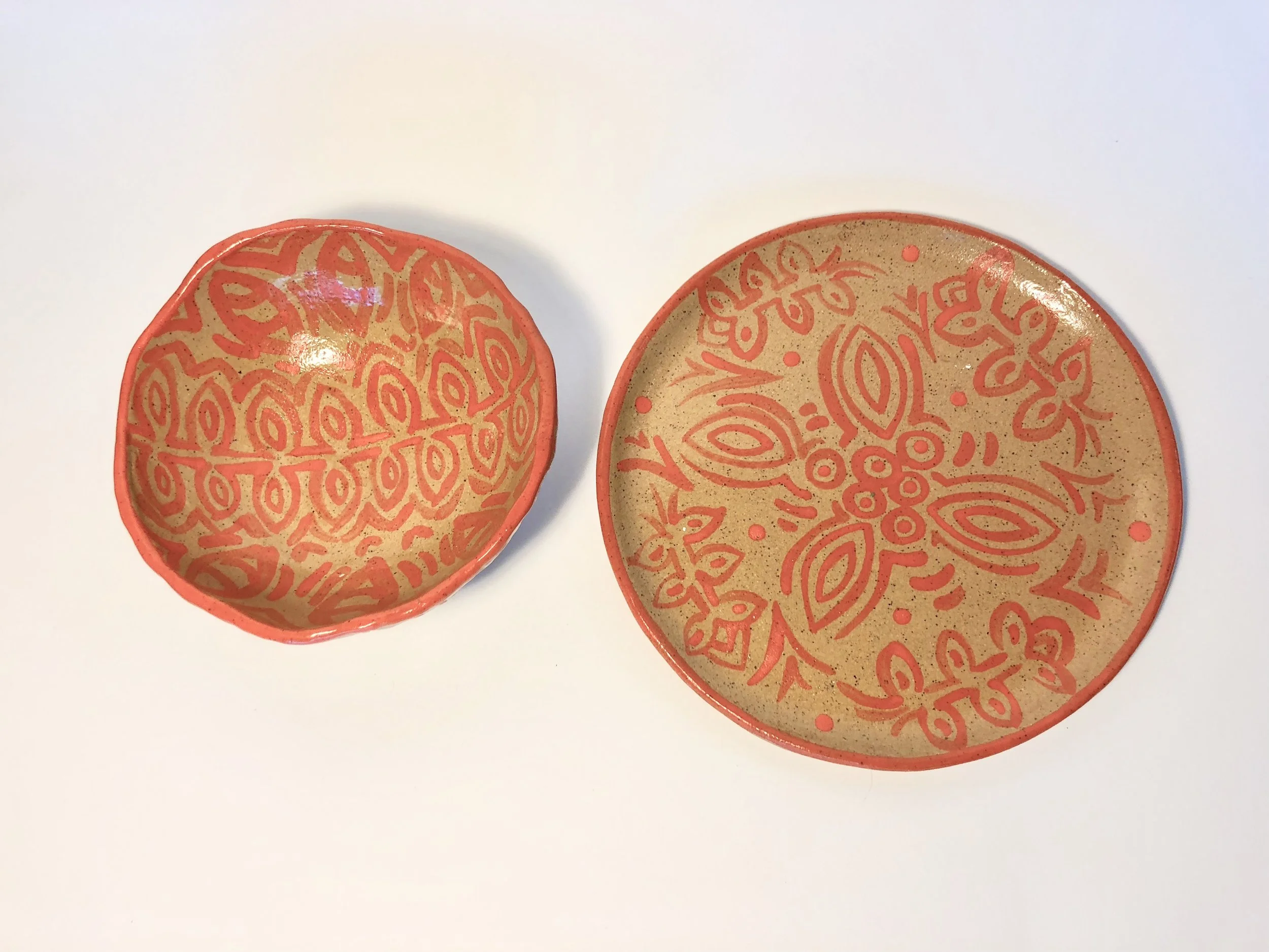 Hand Painted Plate and Pinch Pot Bowl: Orange