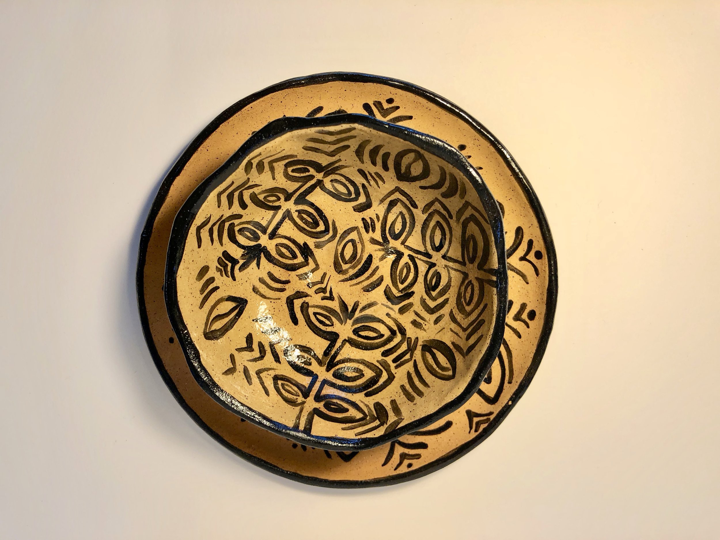 Hand Painted Plate and Pinch Pot Bowl: Black