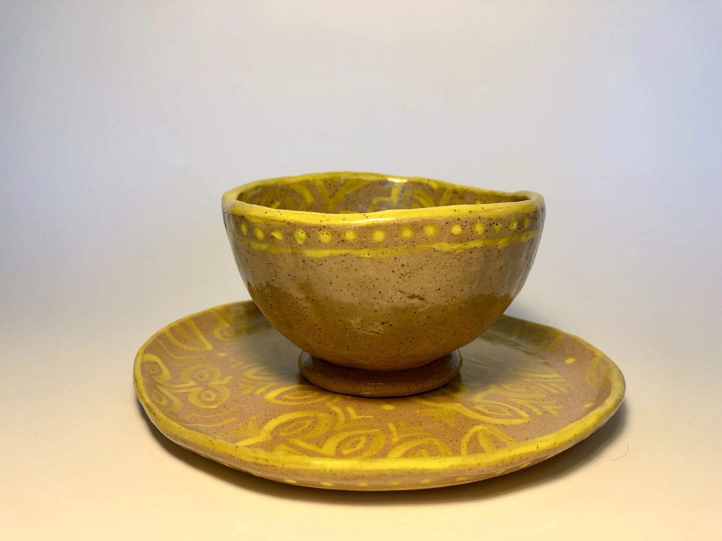 Hand Painted Plate and Pinch Pot Bowl: Yellow